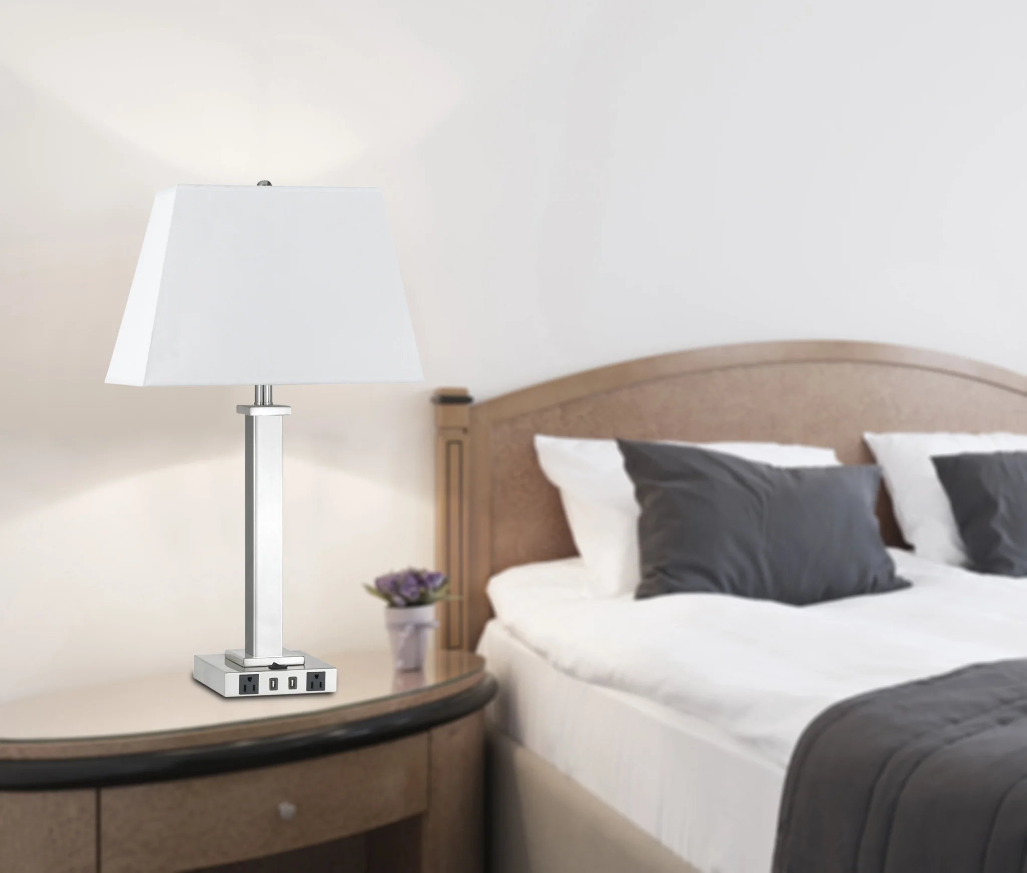 Nickel Metal USB Table Lamp With White Shade By Homeroots - Image 2