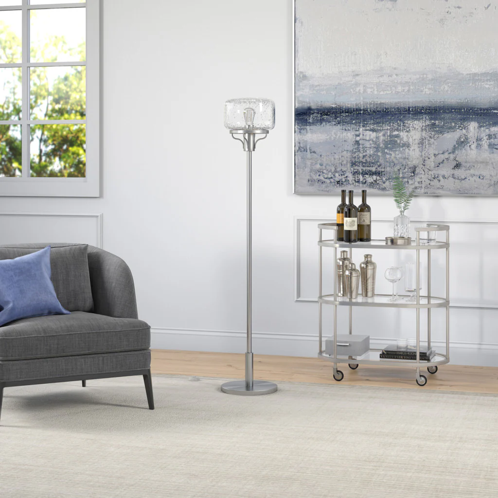 Nickel Novelty Floor Lamp With Clear Seeded Glass Globe Shade By Homeroots - Image 7