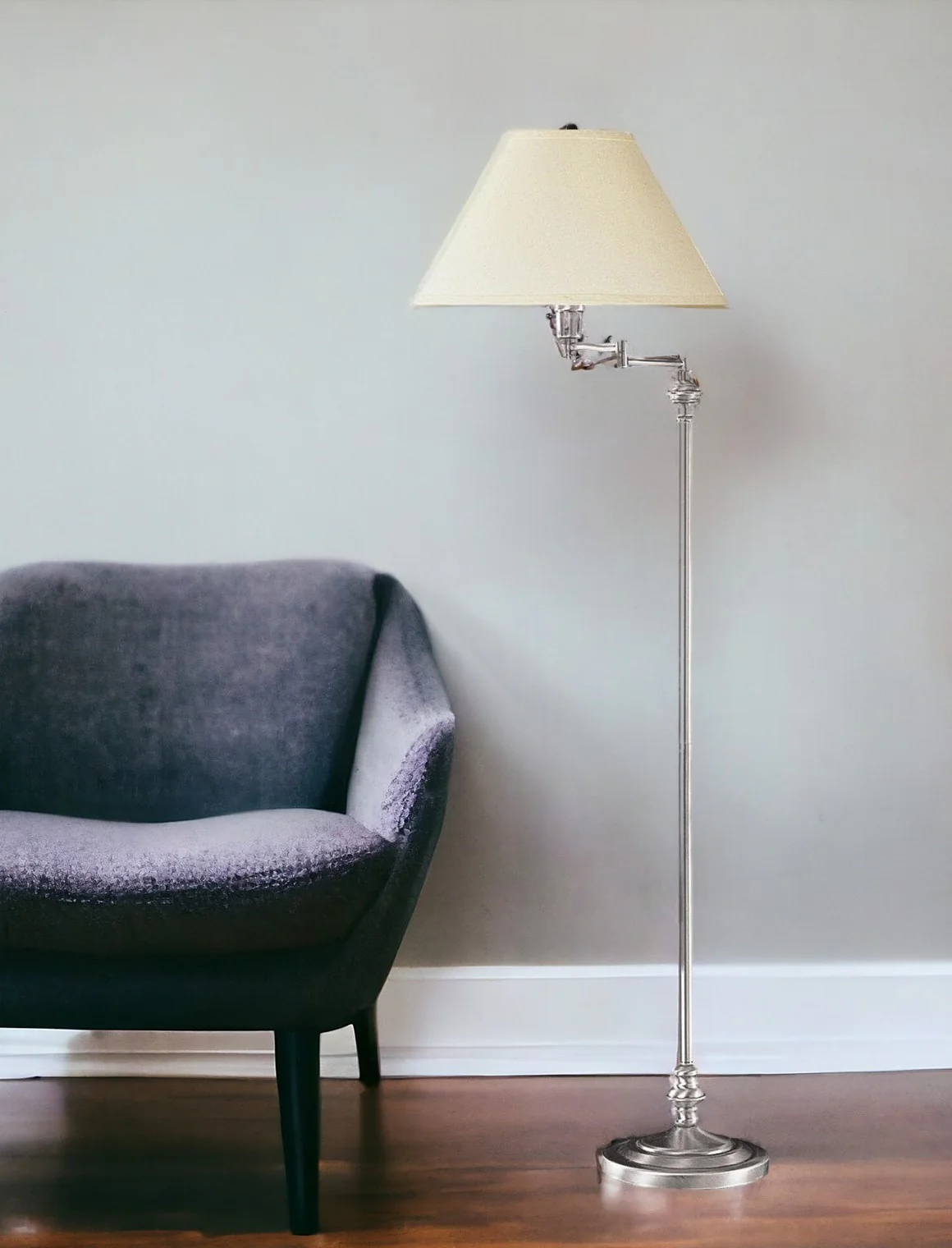Nickel Swing Arm Floor Lamp With Beige Fabric Empire Shade By Homeroots - Image 6