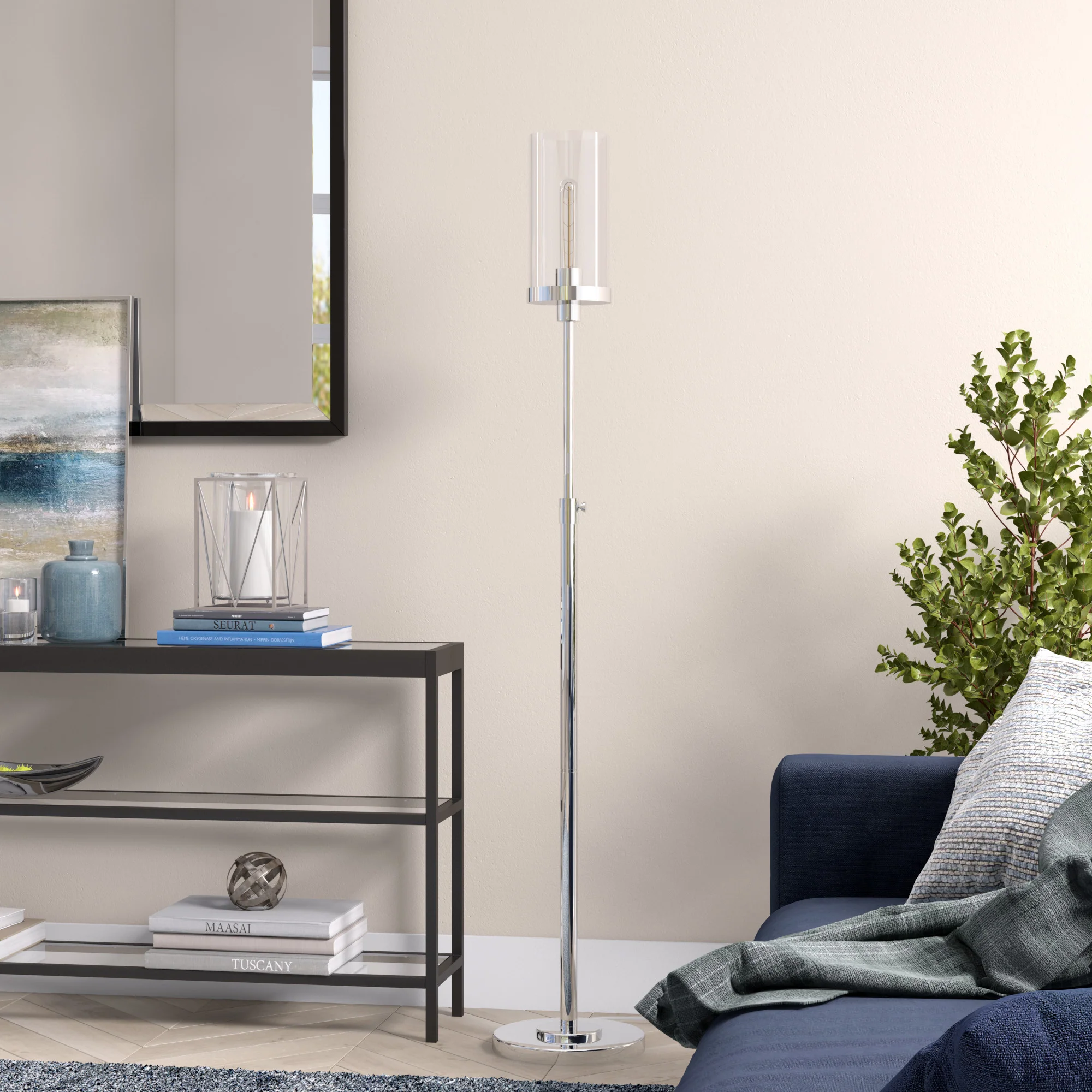 Nickel Torchiere Floor Lamp With Clear Transparent Glass Drum Shade By Homeroots - Image 6