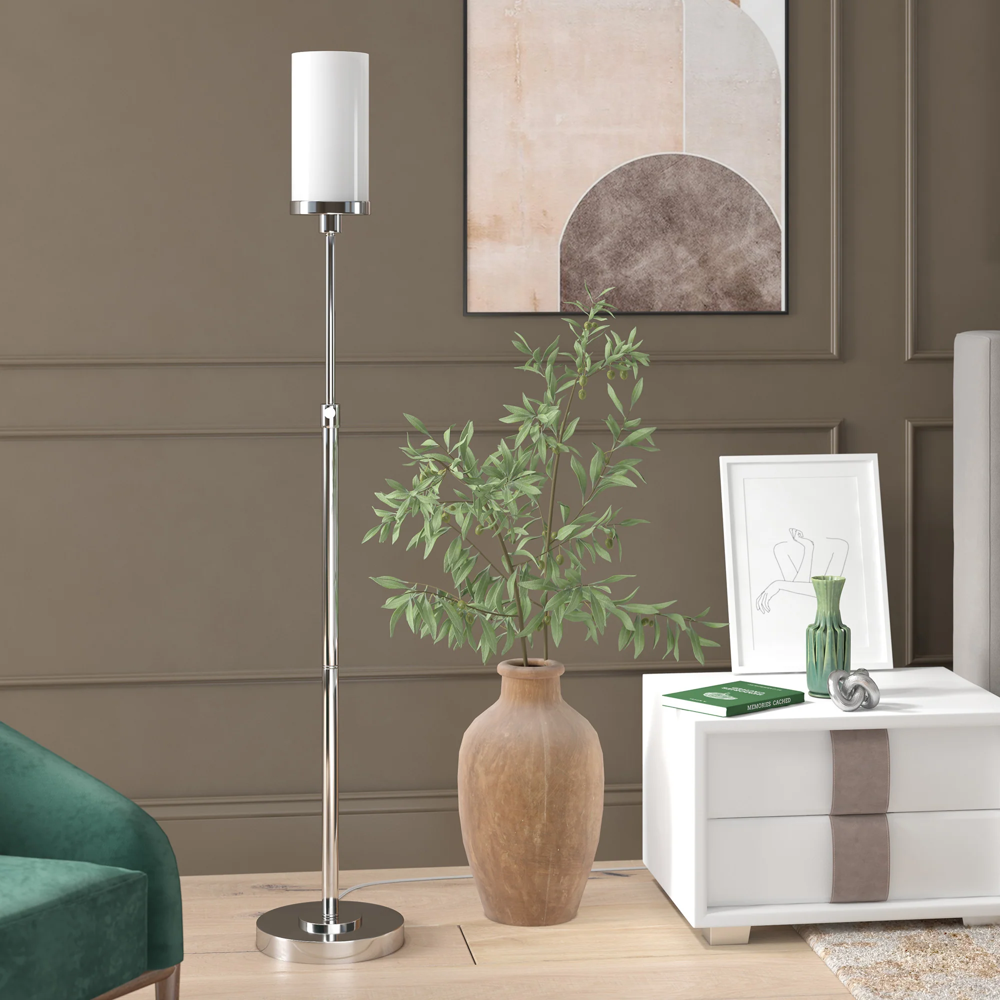 Nickel Torchiere Floor Lamp With White Frosted Glass Drum Shade By Homeroots - Image 6