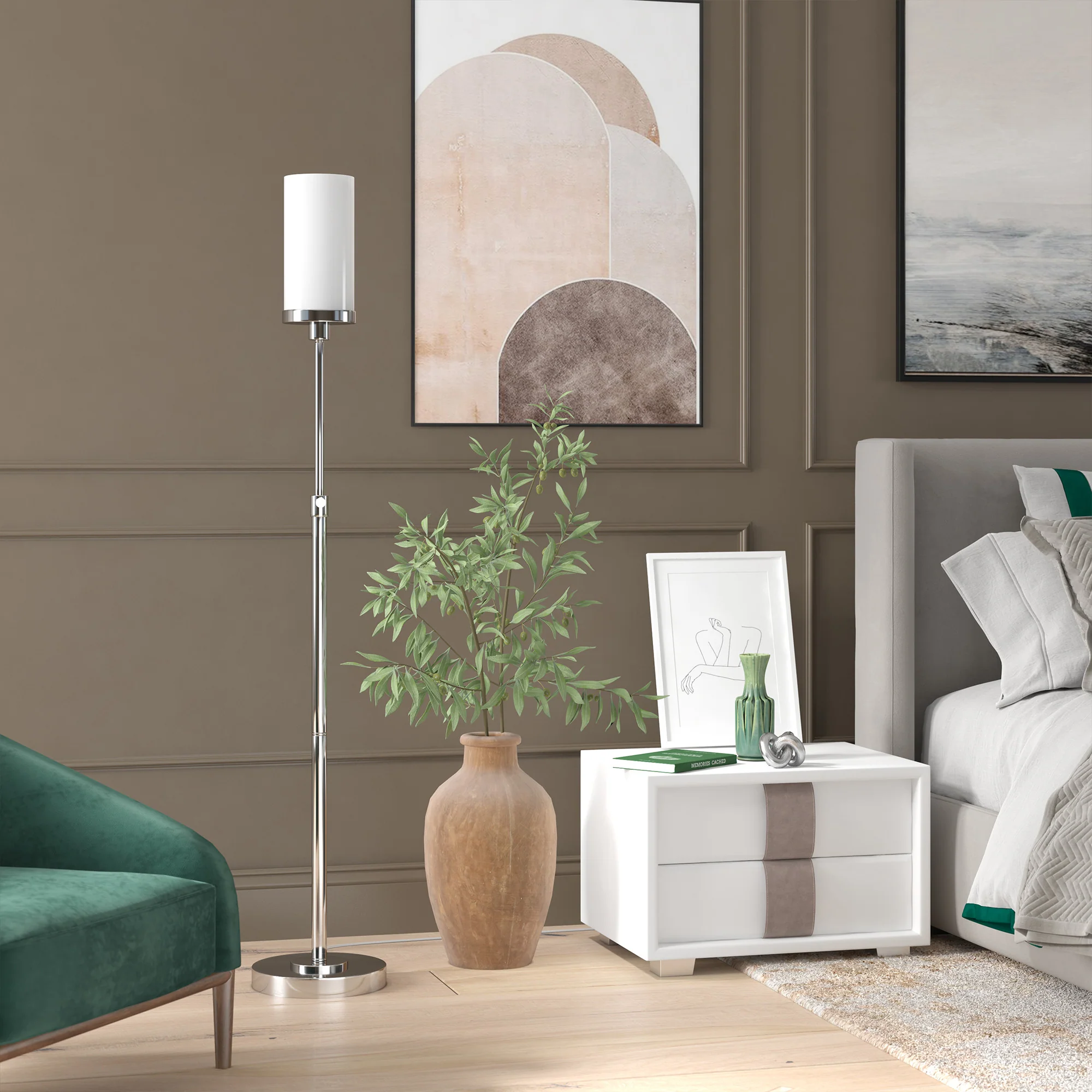 Nickel Torchiere Floor Lamp With White Frosted Glass Drum Shade By Homeroots - Image 7