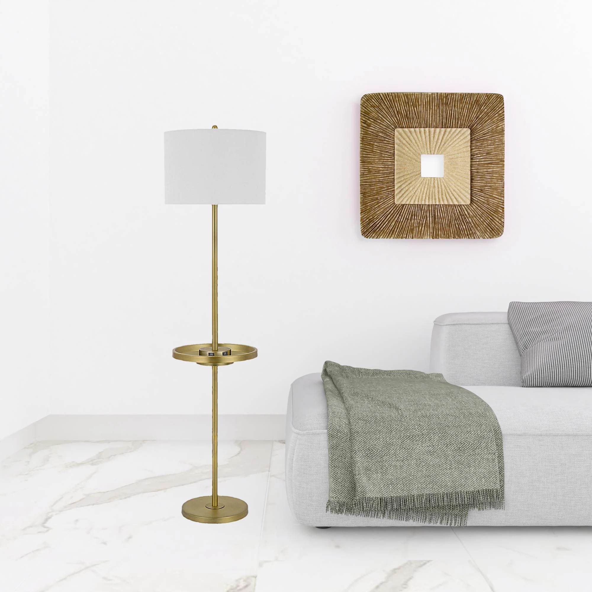 Nickel Tray Table Floor Lamp With White Drum Shade By Homeroots - Image 2