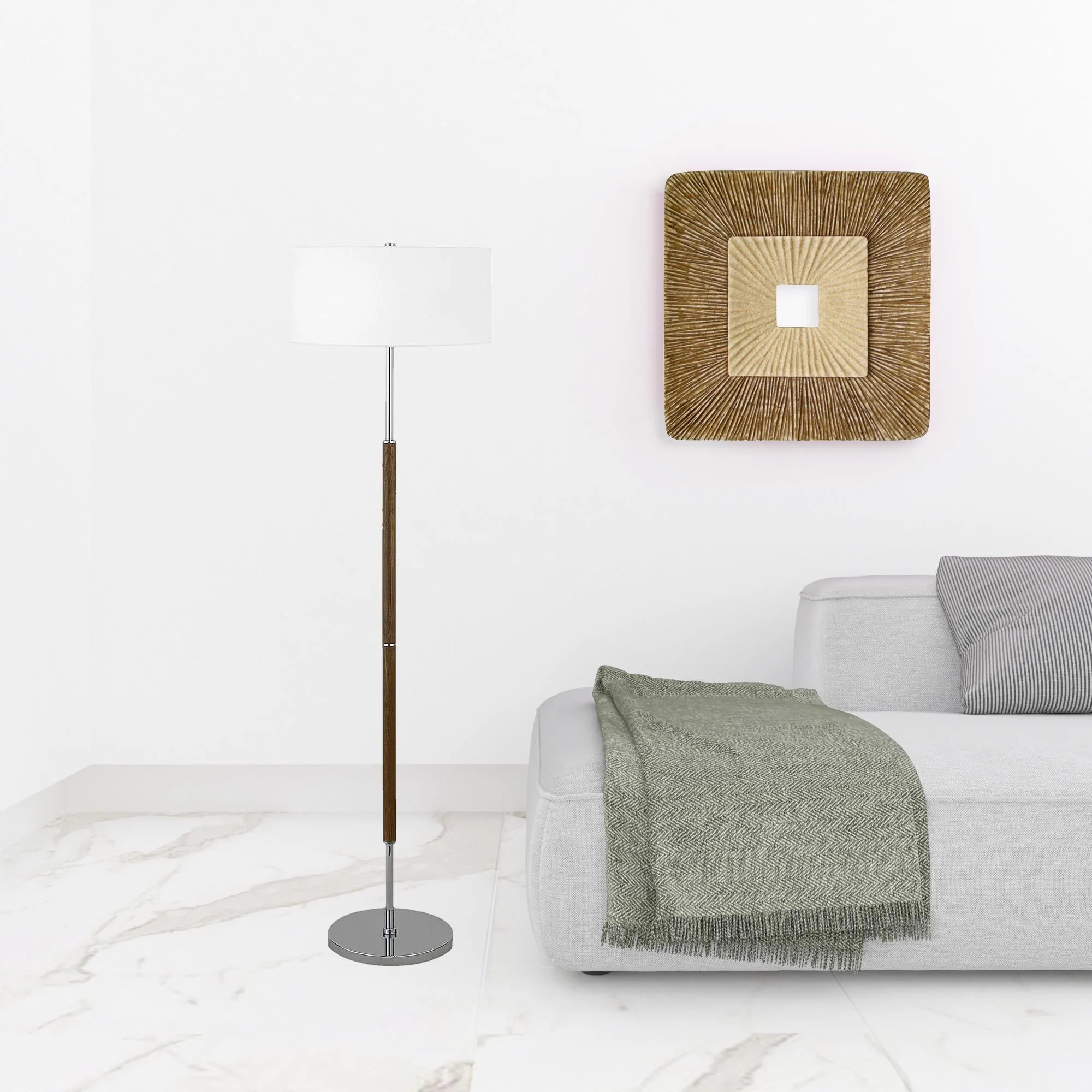 Nickel Two Light Floor Lamp With White Frosted Glass Drum Shade By Homeroots - Image 2