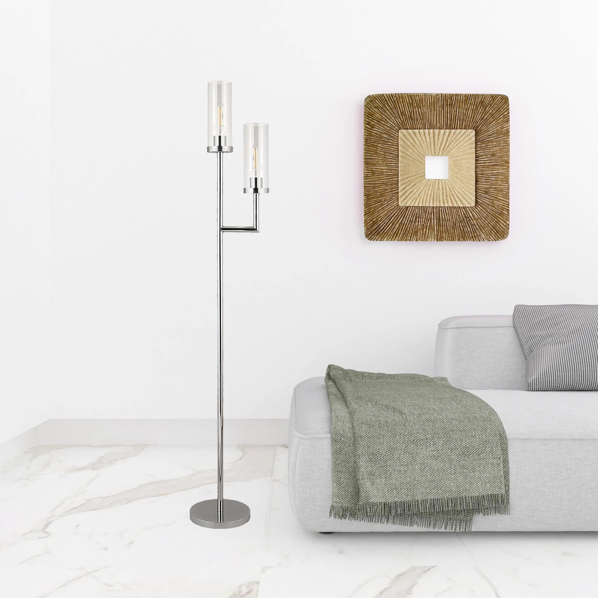 Nickel Two Light Torchiere Floor Lamp With Clear Transparent Glass Drum Shade By Homeroots - Image 3