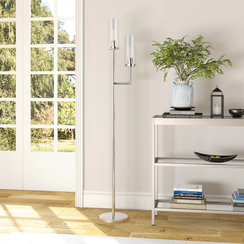 Nickel Two Light Torchiere Floor Lamp With Clear Transparent Glass Drum Shade By Homeroots - Image 5