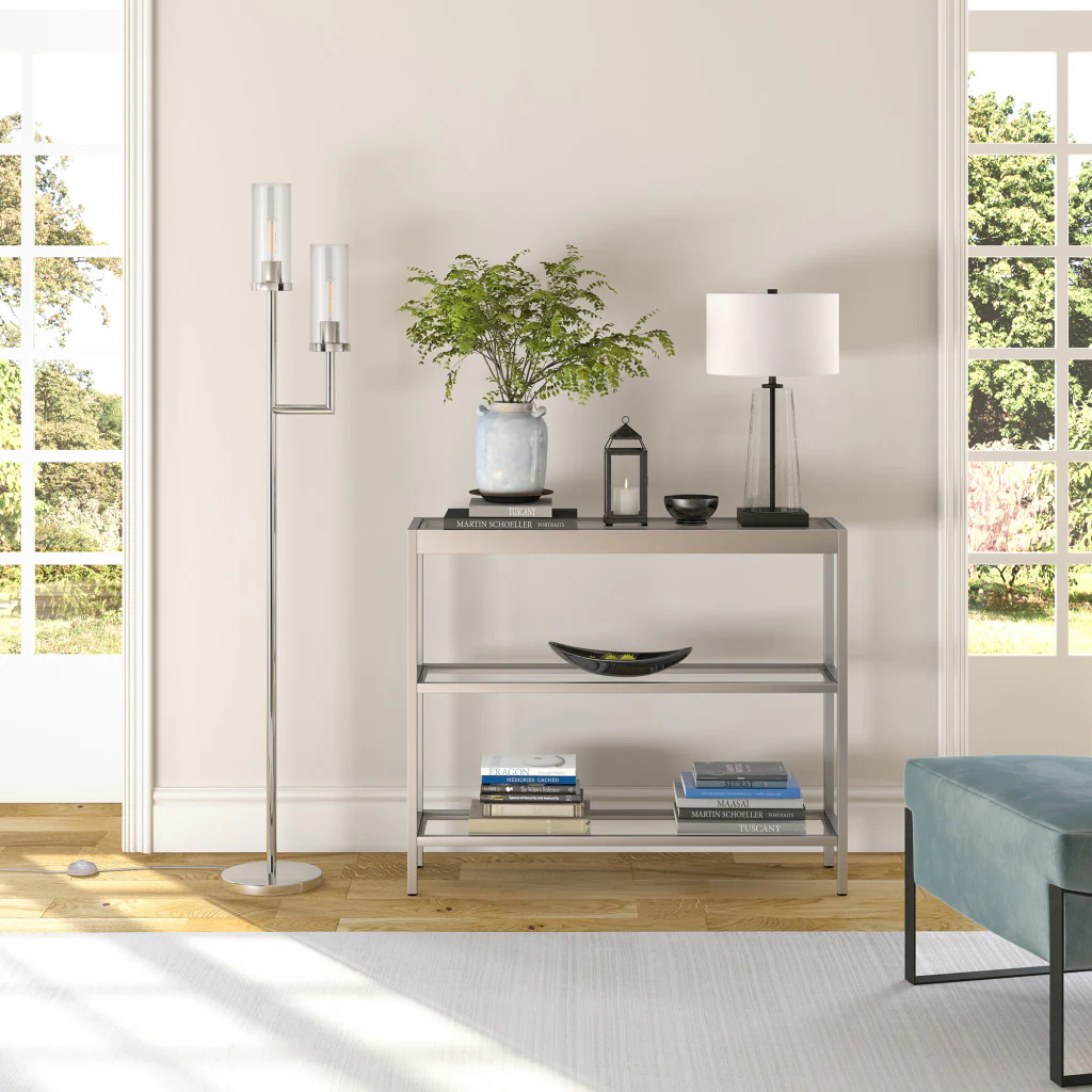 Nickel Two Light Torchiere Floor Lamp With Clear Transparent Glass Drum Shade By Homeroots - Image 6