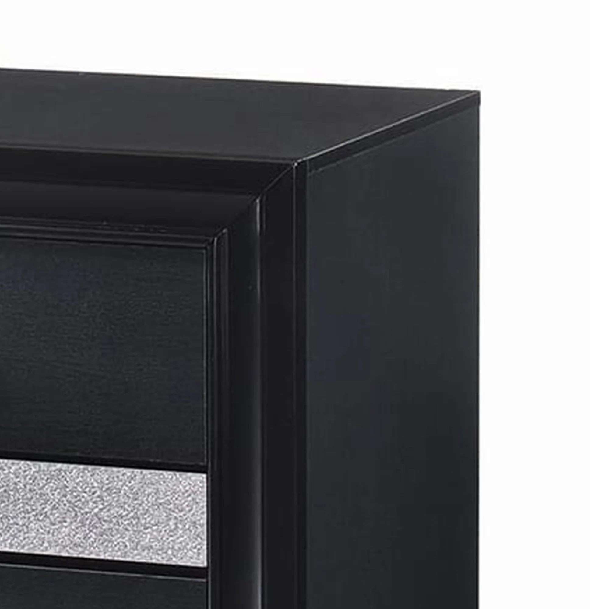 Nightstand With 2 Drawers And Rhinestone Pull Handles, Black And Silver By Benzara - Image 2