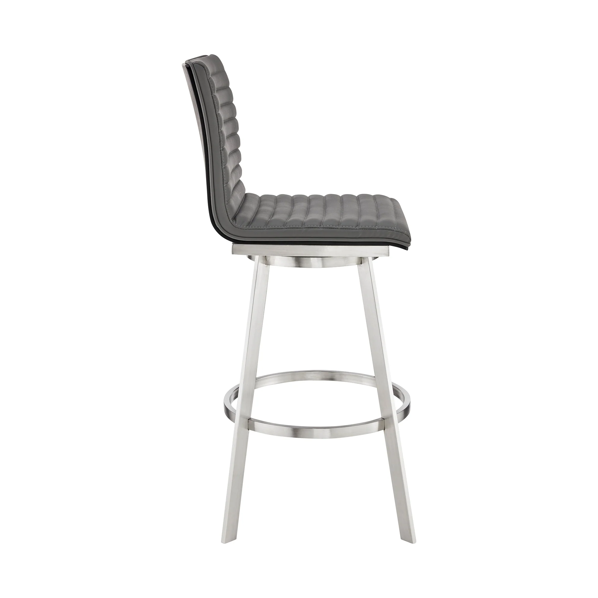 Nikole 30" Bar Height Black Swivel Bar Stool in Brushed Stainless Steel Finish and Gray Faux Leather By Armen Living - Image 4