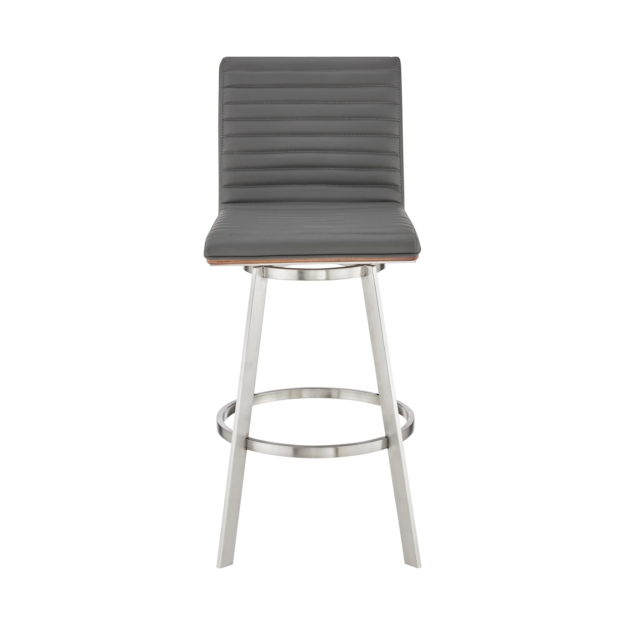 Nikole 30" Bar Height Walnut Swivel Bar Stool in Brushed Stainless Steel Finish and Gray Faux Leather By Armen Living - Image 3