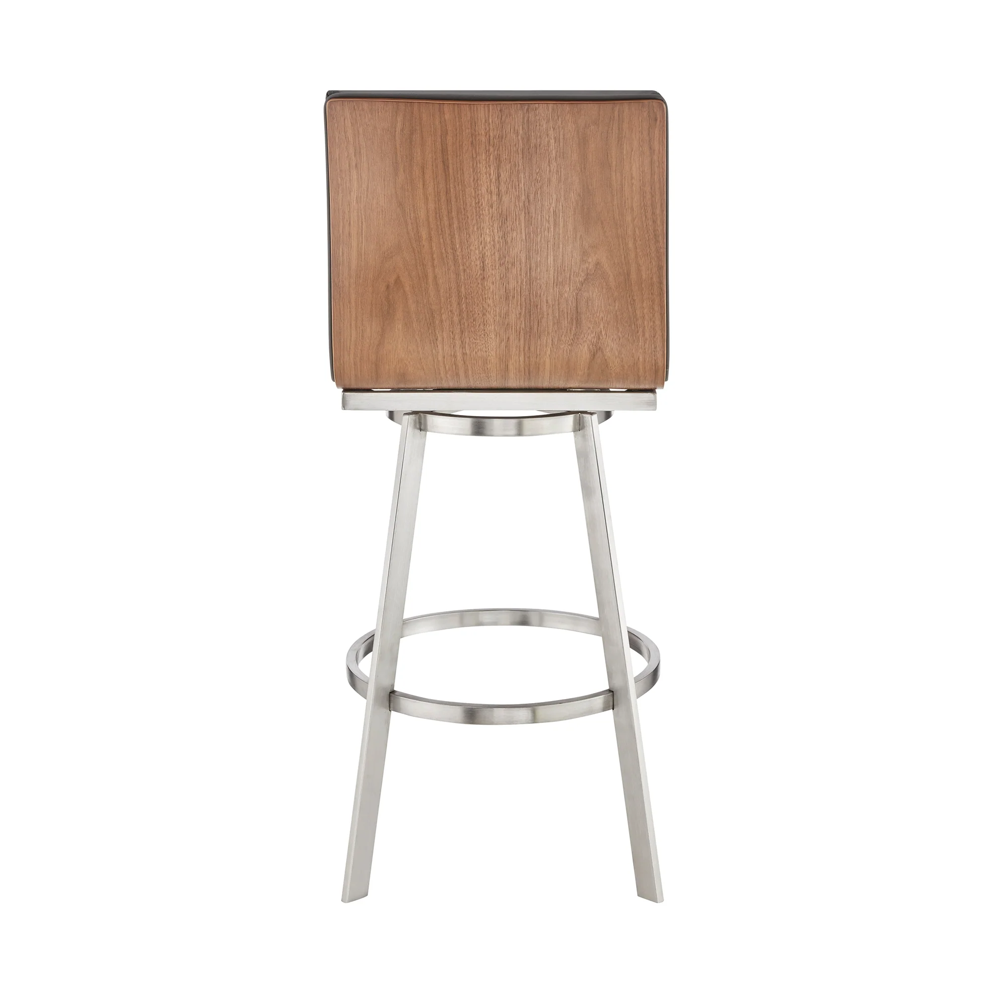 Nikole 30" Bar Height Walnut Swivel Bar Stool in Brushed Stainless Steel Finish and Gray Faux Leather By Armen Living - Image 6