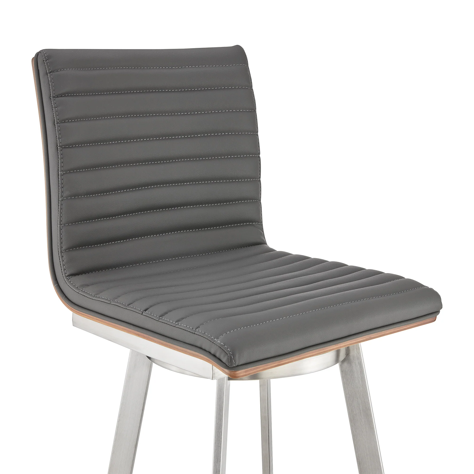 Nikole 30" Bar Height Walnut Swivel Bar Stool in Brushed Stainless Steel Finish and Gray Faux Leather By Armen Living - Image 7