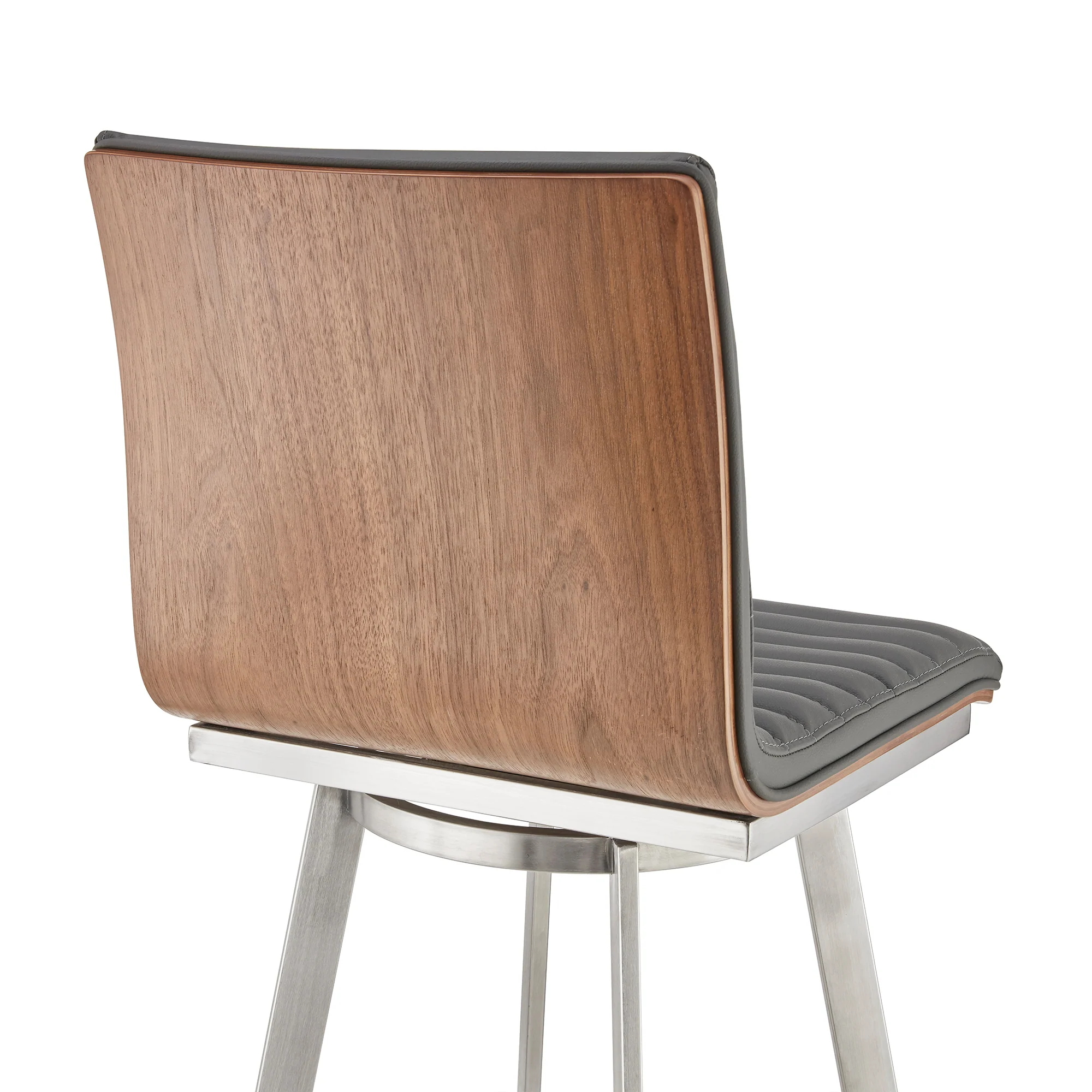 Nikole 30" Bar Height Walnut Swivel Bar Stool in Brushed Stainless Steel Finish and Gray Faux Leather By Armen Living - Image 8