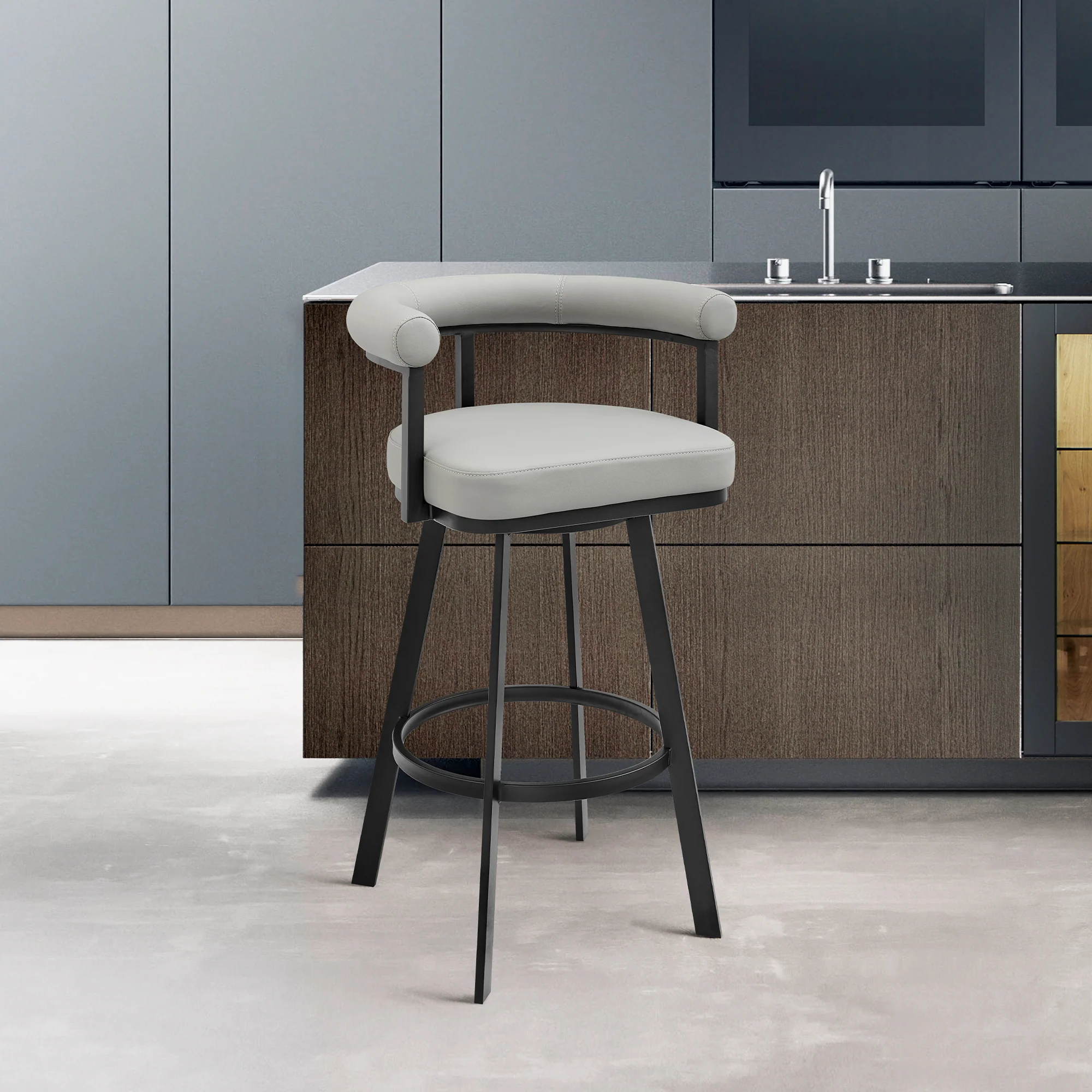 Nolagam Swivel Bar Stool in Black Metal with Brown Faux Leather By Armen Living - Image 11