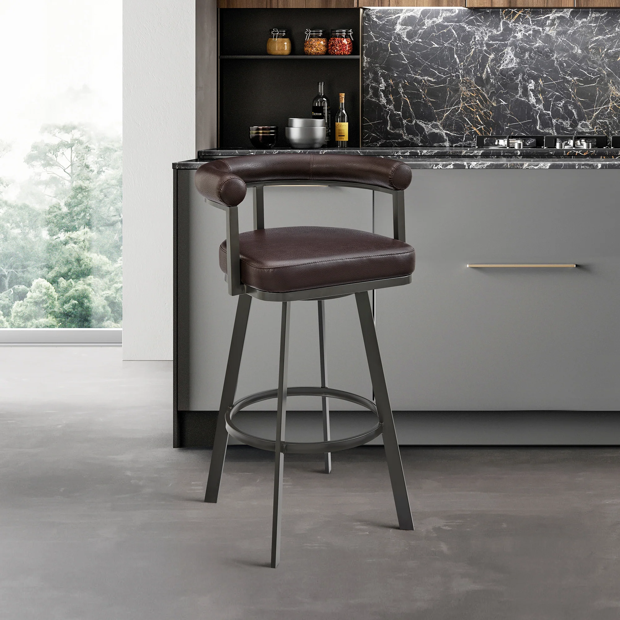Nolagam Swivel Counter Stool in Black Metal with Brown Faux Leather By Armen Living - Image 23