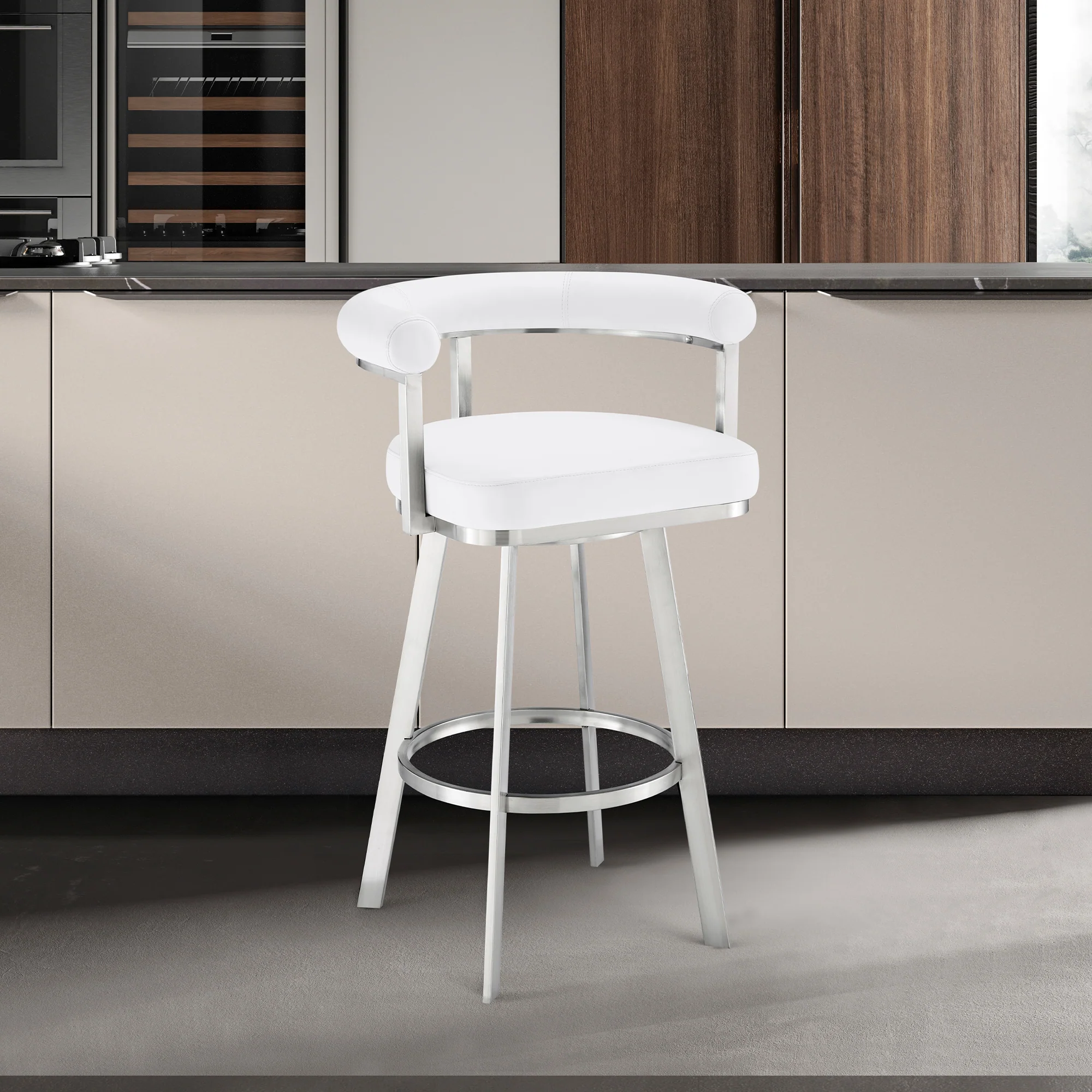 Nolagam Swivel Counter Stool in Brushed Stainless Steel with Black Faux Leather By Armen Living - Image 21
