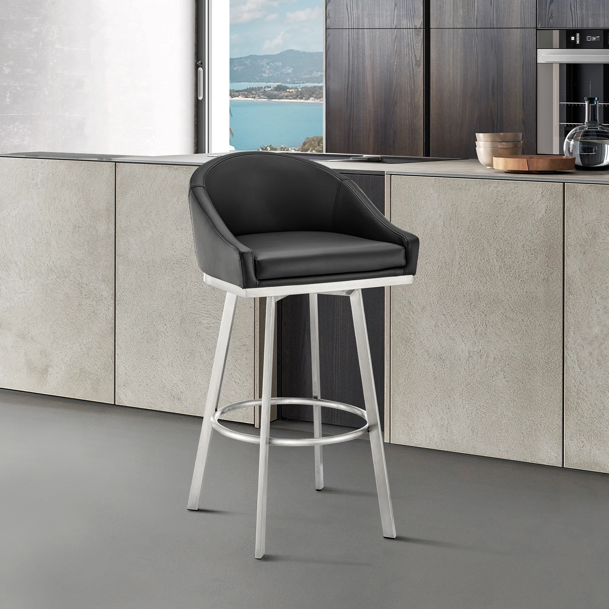Noran Swivel Bar Stool in Brushed Stainless Steel with White Faux Leather By Armen Living - Image 11