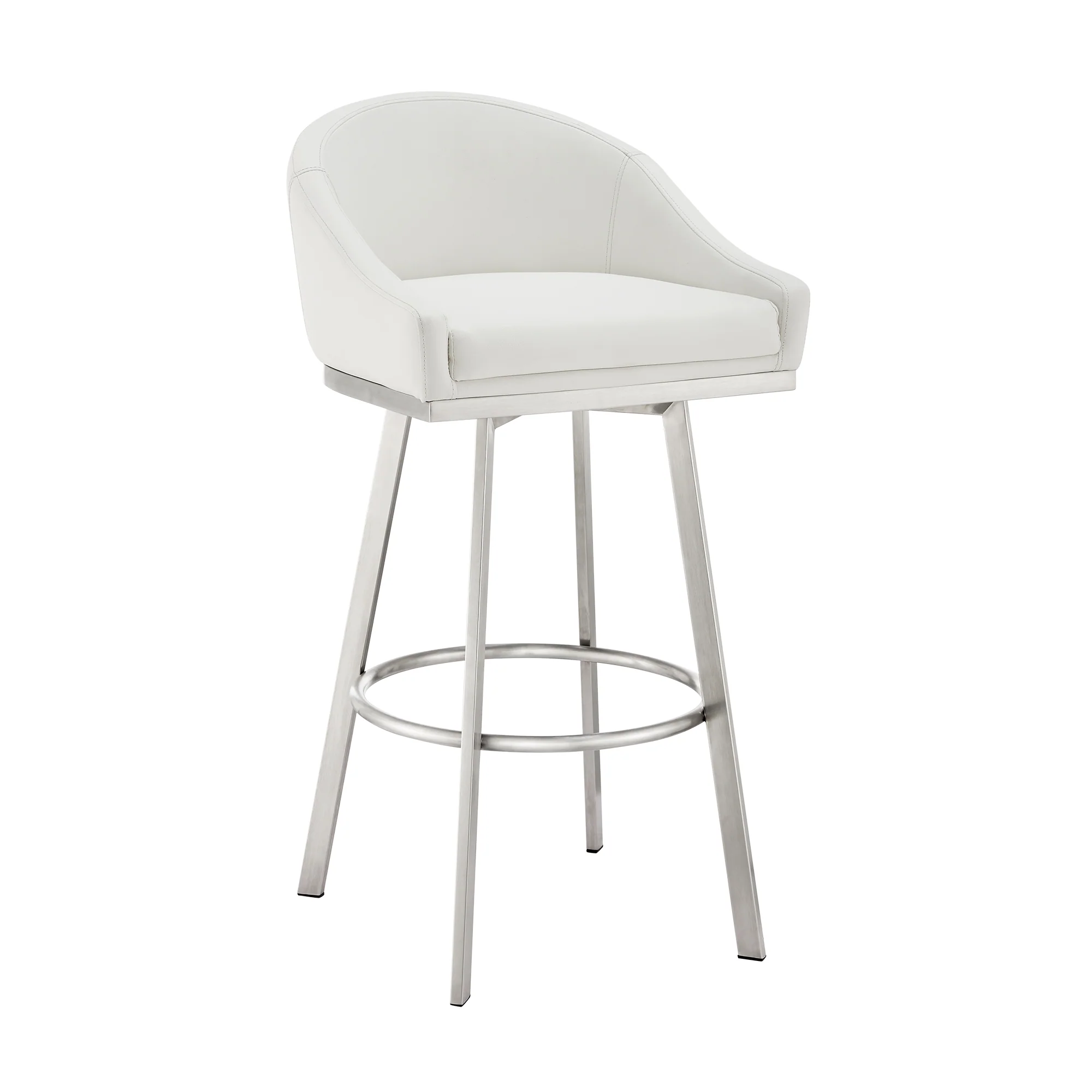 Noran Swivel Bar Stool in Brushed Stainless Steel with White Faux Leather By Armen Living - Image 2