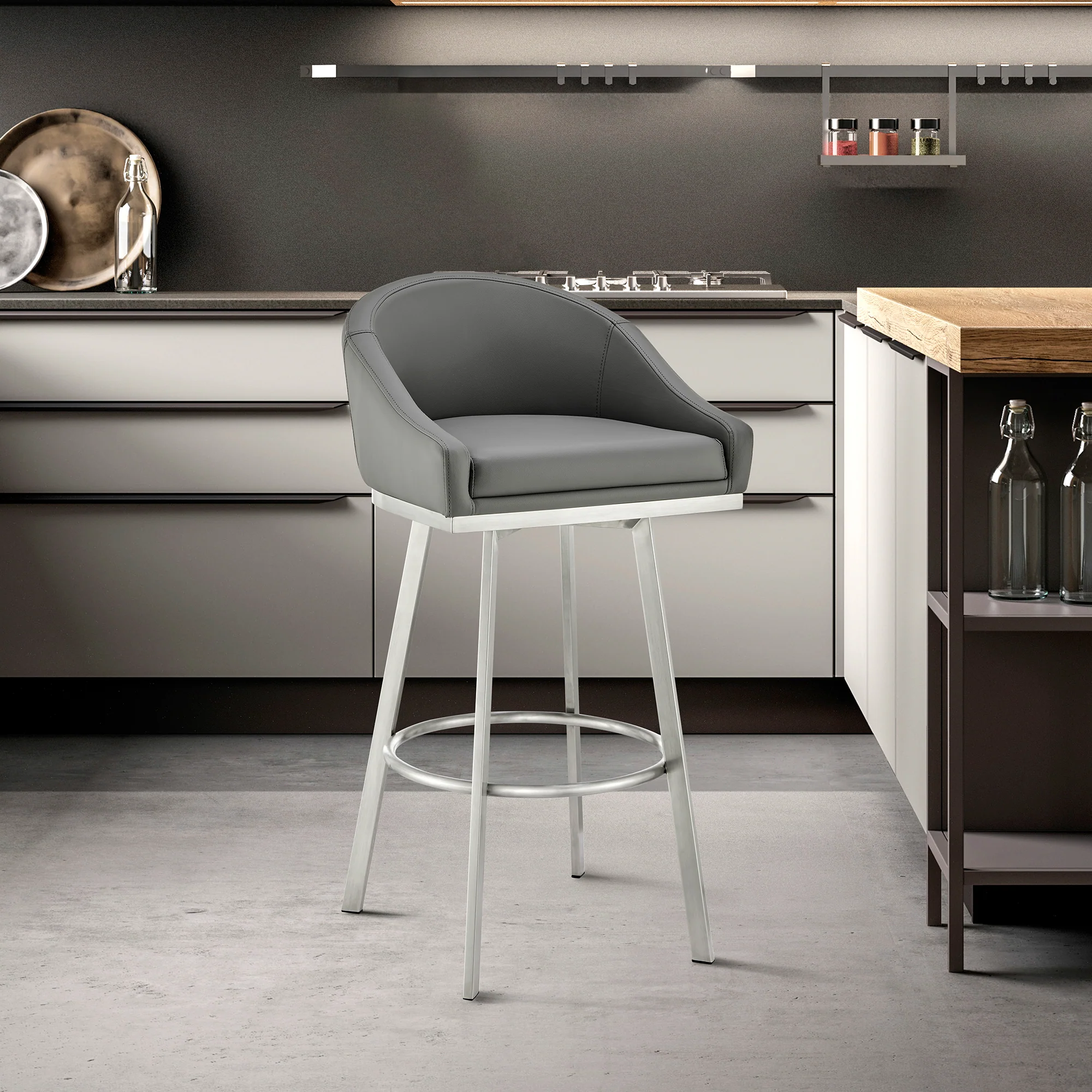 Noran Swivel Bar Stool in Brushed Stainless Steel with White Faux Leather By Armen Living - Image 21
