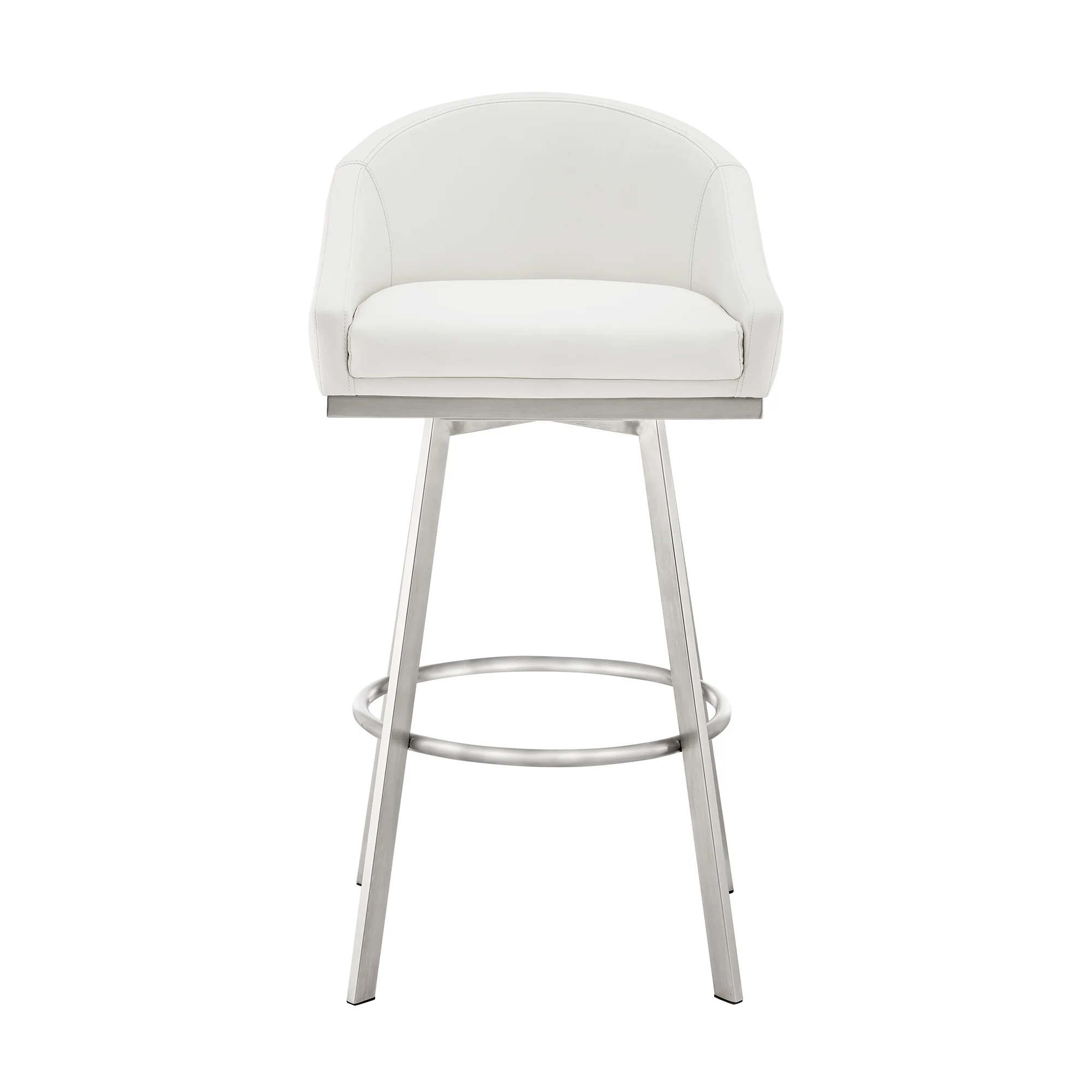 Noran Swivel Bar Stool in Brushed Stainless Steel with White Faux Leather By Armen Living - Image 3