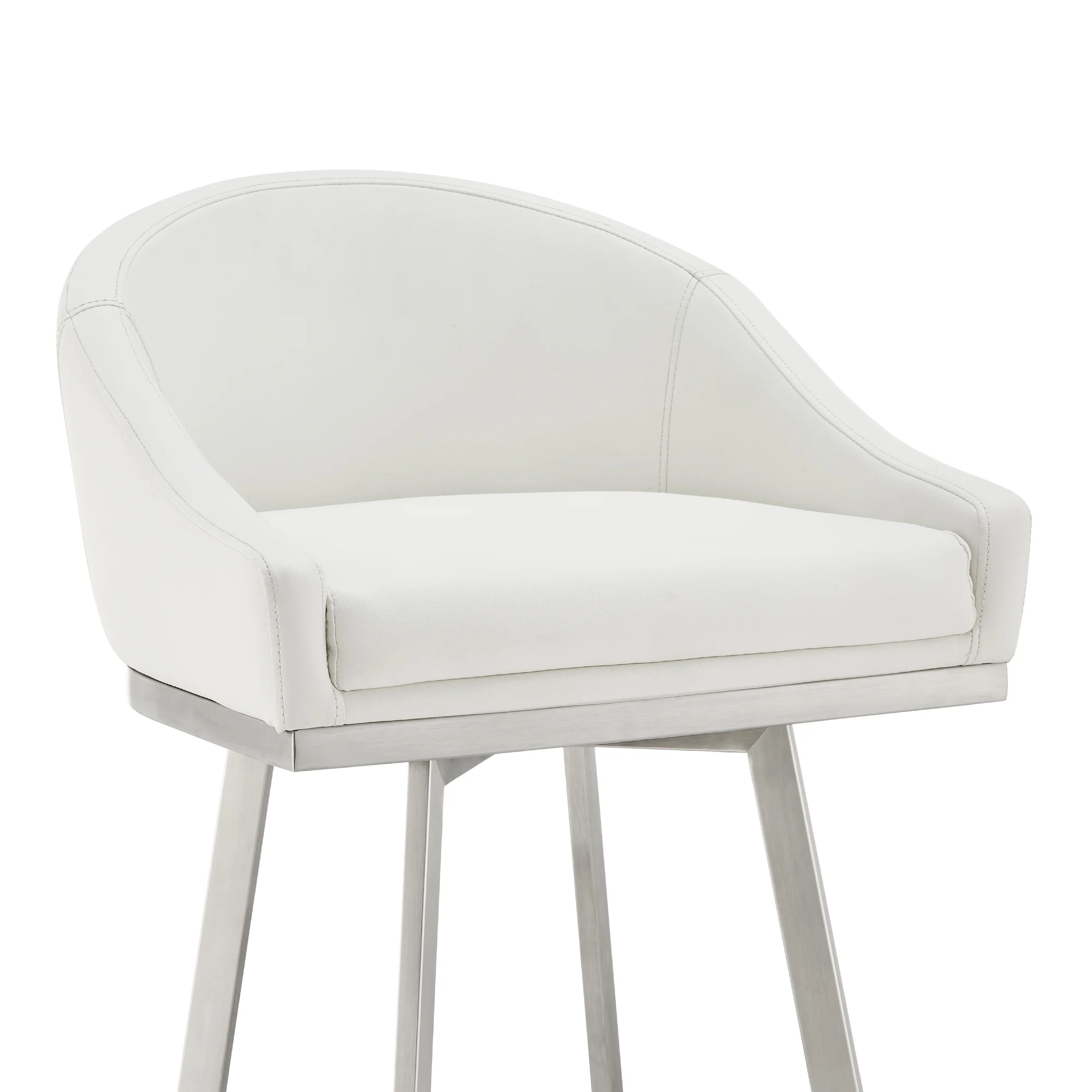 Noran Swivel Counter Stool in Brushed Stainless Steel with White Faux Leather By Armen Living - Image 7