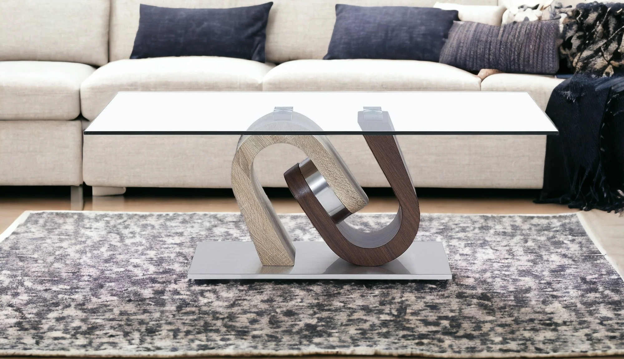 Oak and Walnut Ultra modern Glass top Coffee Table By Homeroots - Image 3