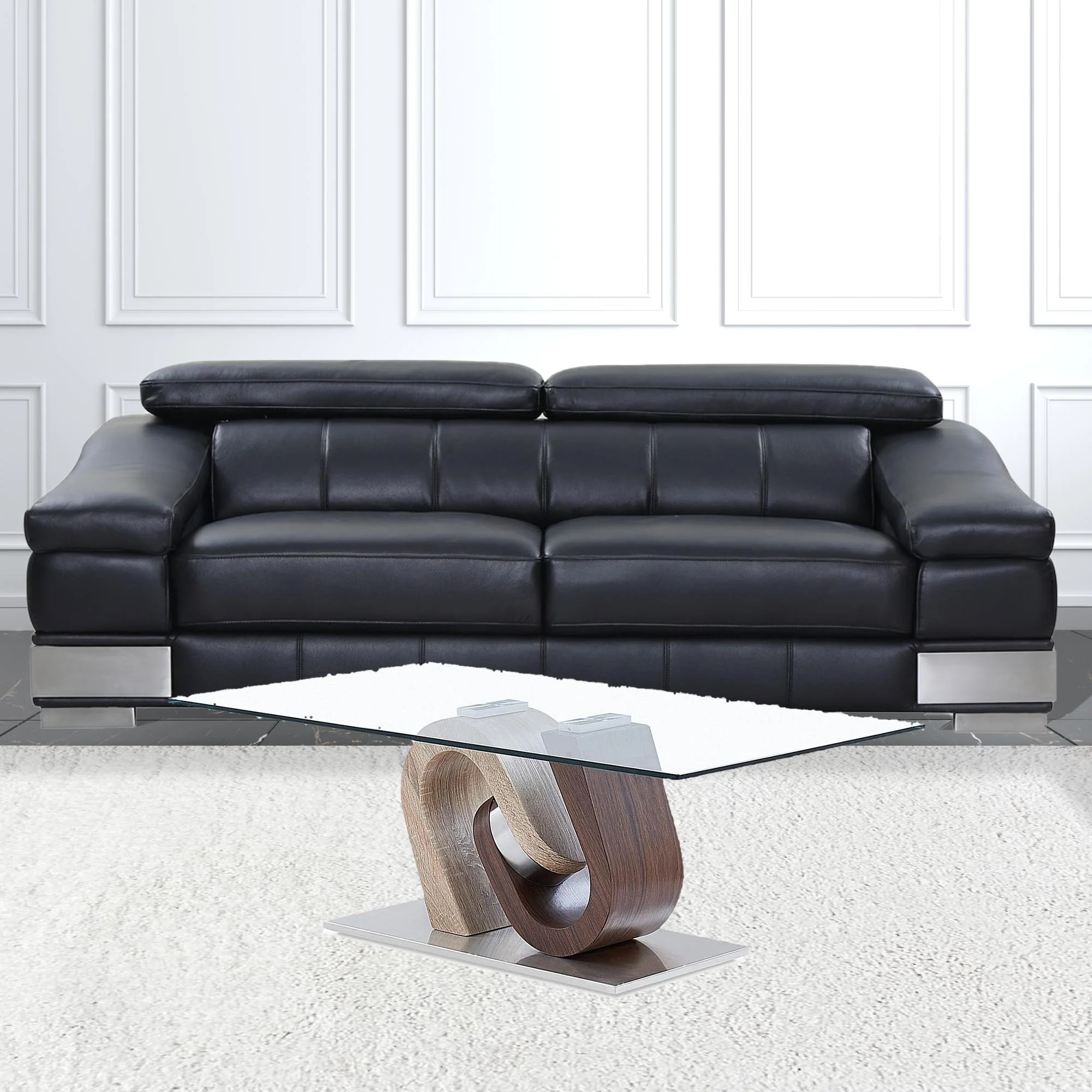 Oak and Walnut Ultra modern Glass top Coffee Table By Homeroots - Image 4