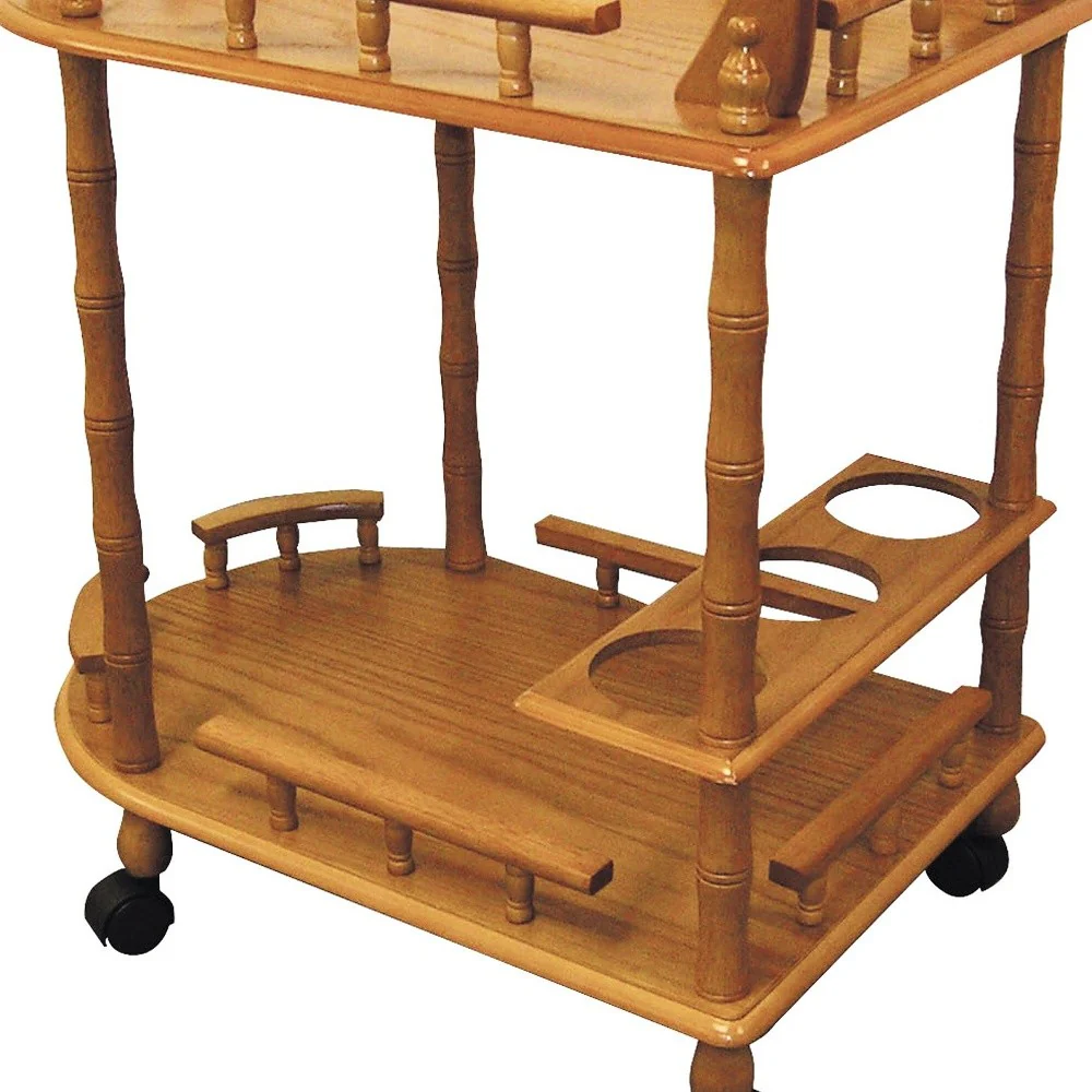 Oak Finish Rolling Wine Bar Cart By Homeroots - Image 3