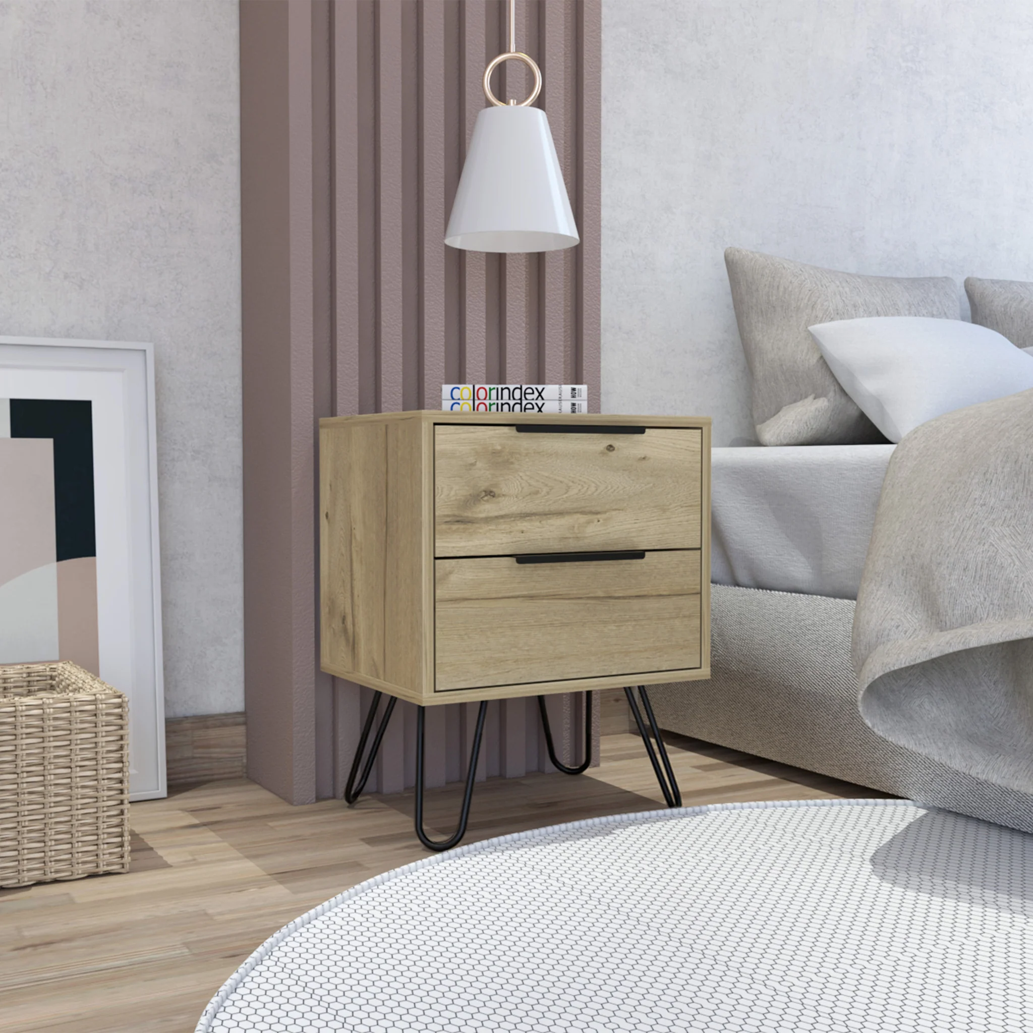 Oak Two Drawer Faux Wood Nightstand By Homeroots - Image 7