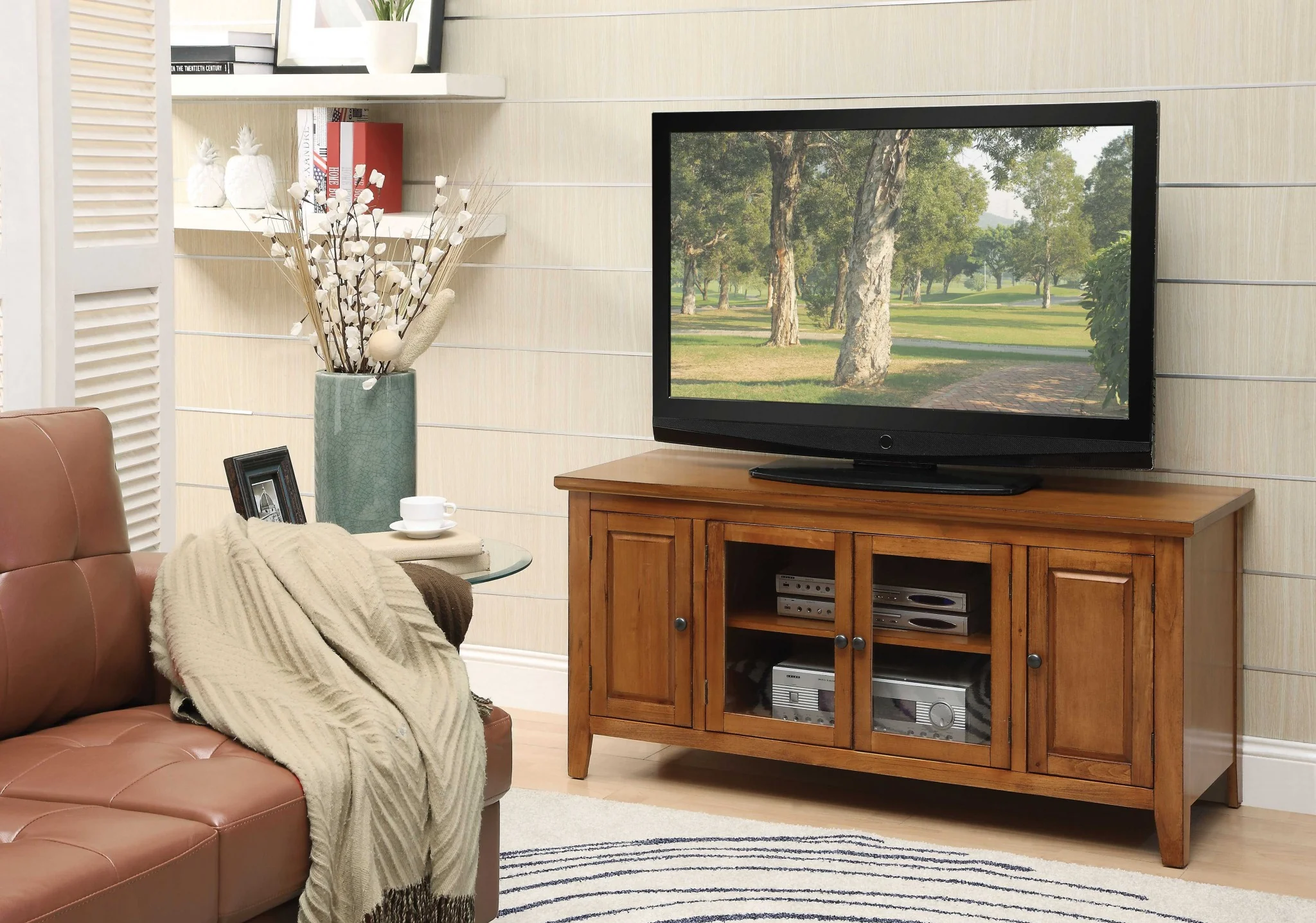 Oak Wood Glass TV Stand for Flat Screen TVs up to ' By Homeroots - Image 2