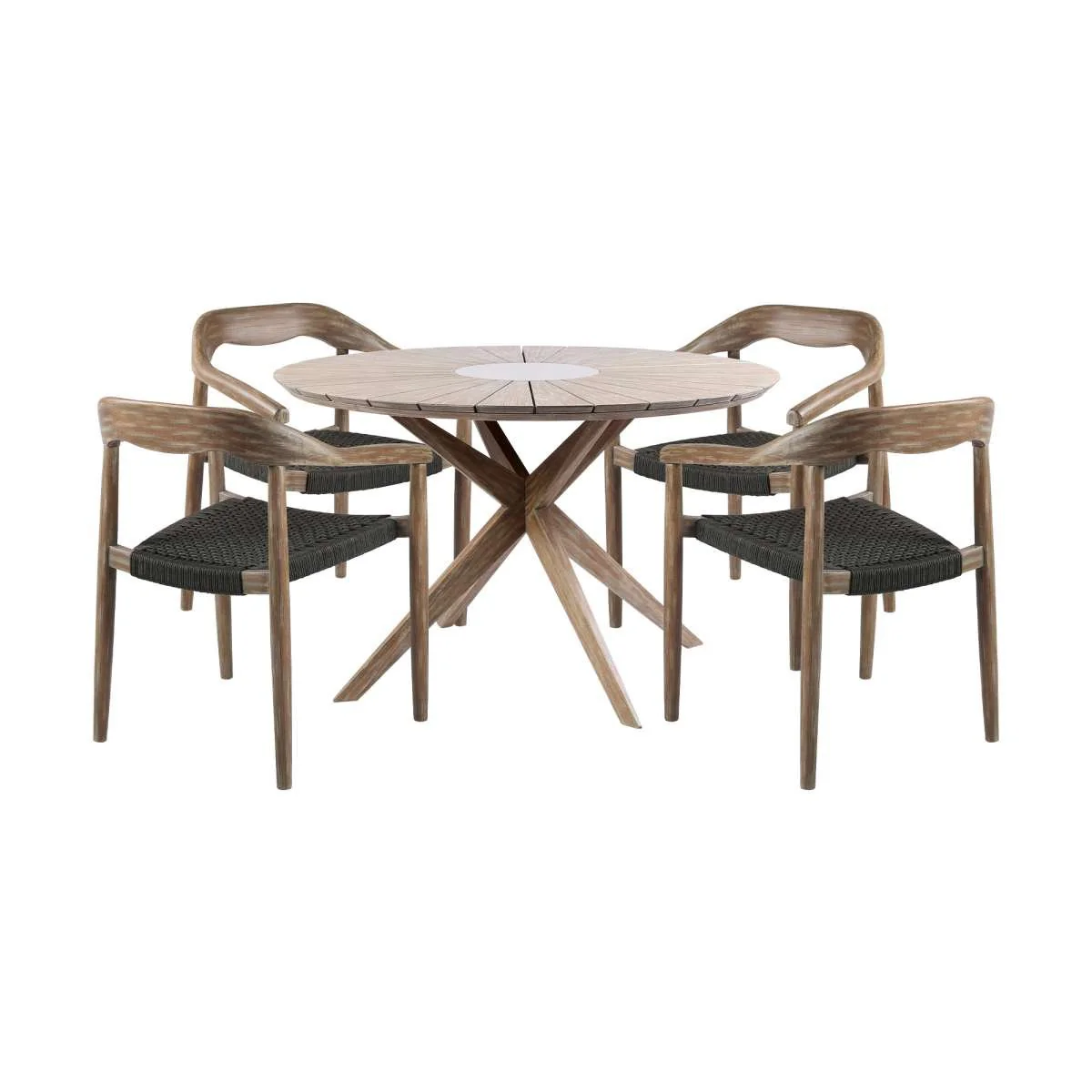 Oasis Santo Outdoor Patio 5 Piece Round Dining Set in Eucalyptus Wood and Charcoal Rope  By Armen Living - Image 2