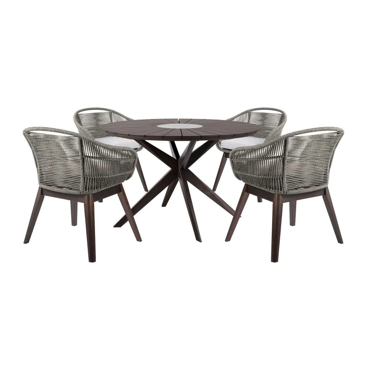 Oasis Tutti Frutti Outdoor Patio 5 Piece Round Dining Set in Eucalyptus Wood with Gray Rope and Cushions By Armen Living - Image 2