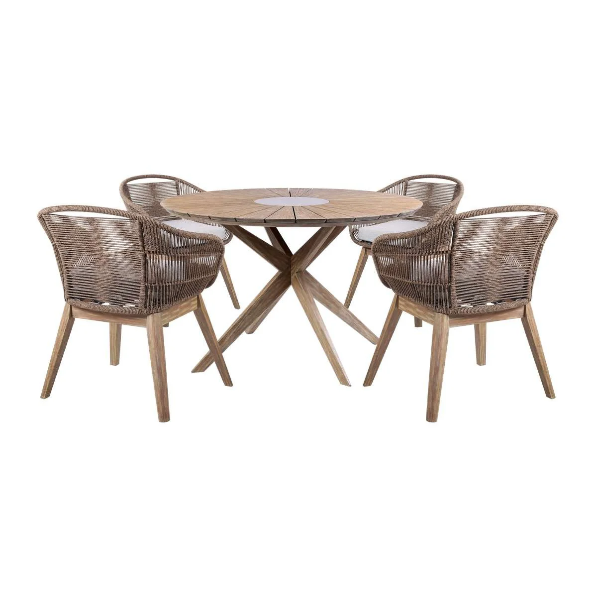 Oasis Tutti Frutti Outdoor Patio 5 Piece Round Dining Set in Eucalyptus Wood with Truffle Rope and Gray Cushions By Armen Living - Image 2