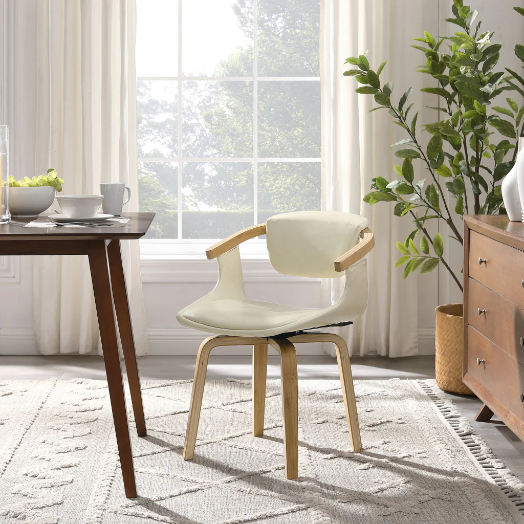 Off White And Natural Upholstered Faux Leather Dining Arm Chair By Homeroots - Image 3