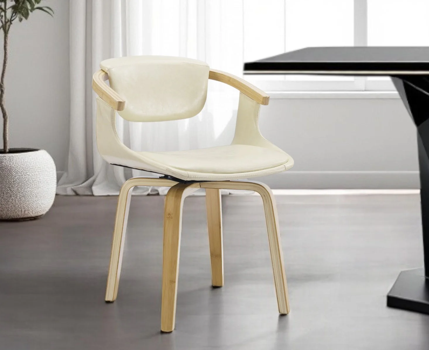 Off White And Natural Upholstered Faux Leather Dining Arm Chair By Homeroots - Image 5