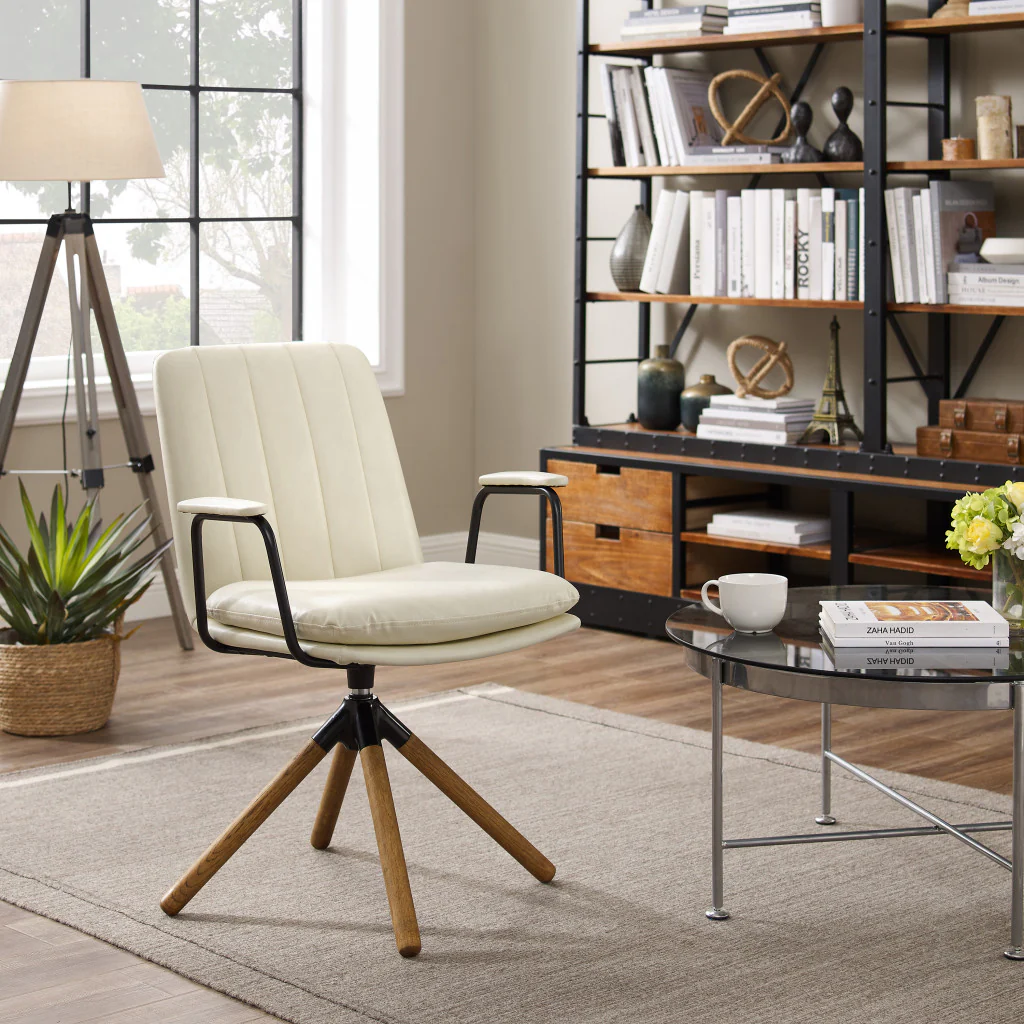 Off White Faux Leather And Brown Swivel Arm Chair By Homeroots - Image 3