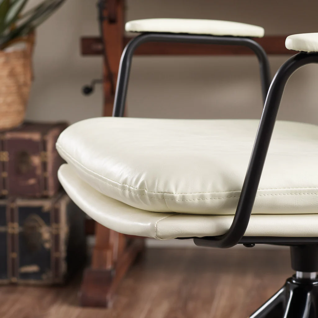 Off White Faux Leather And Brown Swivel Arm Chair By Homeroots - Image 5