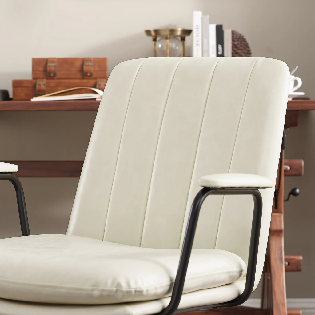 Off White Faux Leather And Brown Swivel Arm Chair By Homeroots - Image 6