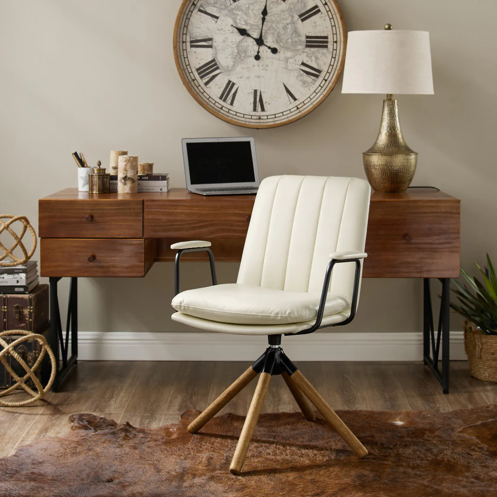 Off White Faux Leather And Brown Swivel Arm Chair By Homeroots - Image 7