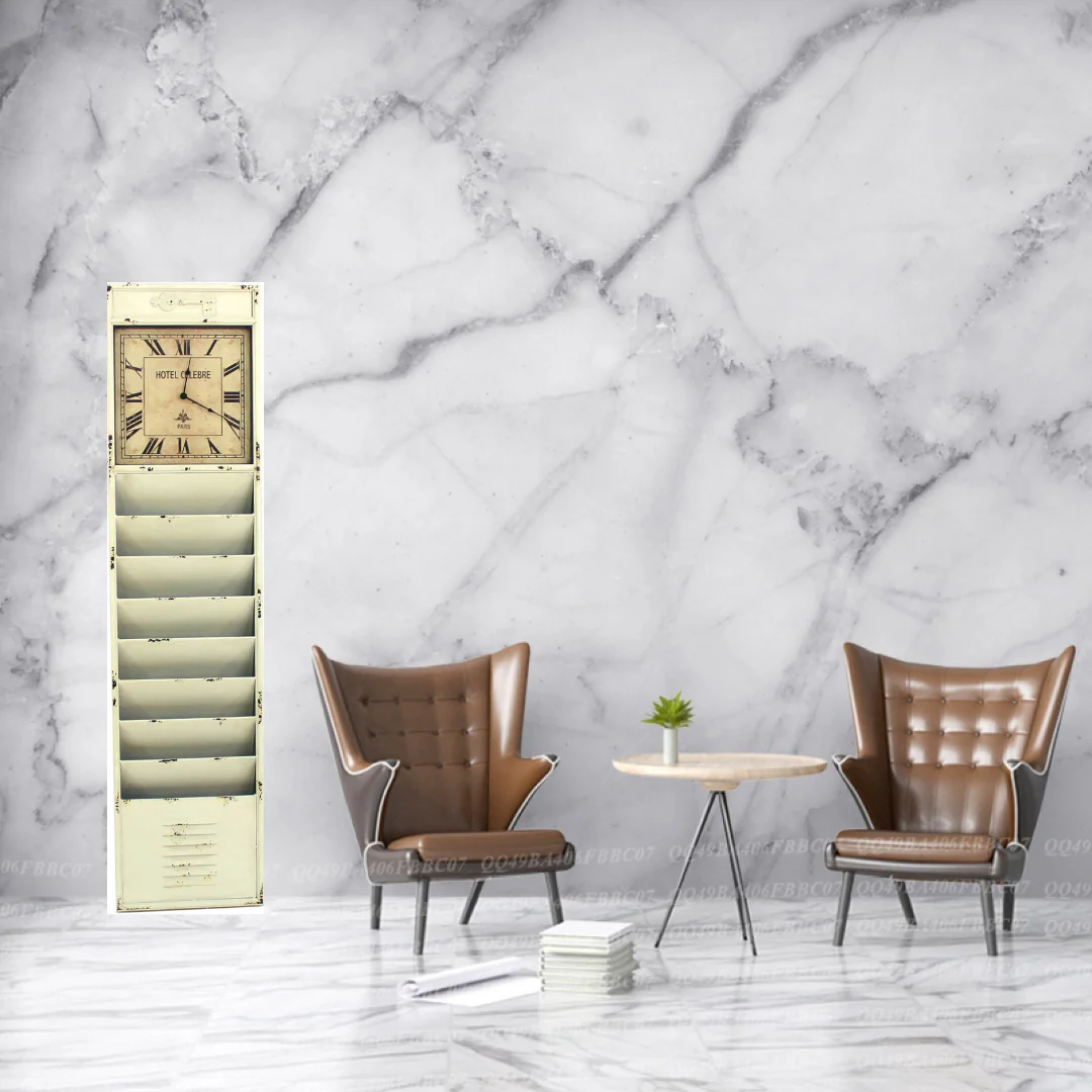 Off White Vintage Look Magazine Rack With Clock By Homeroots - Image 4