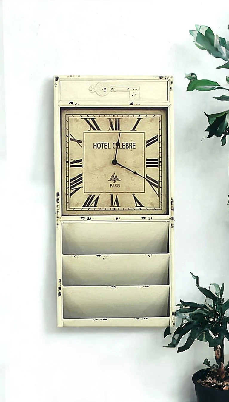 Off White Vintage Look Magazine Rack With Clock By Homeroots - Image 5