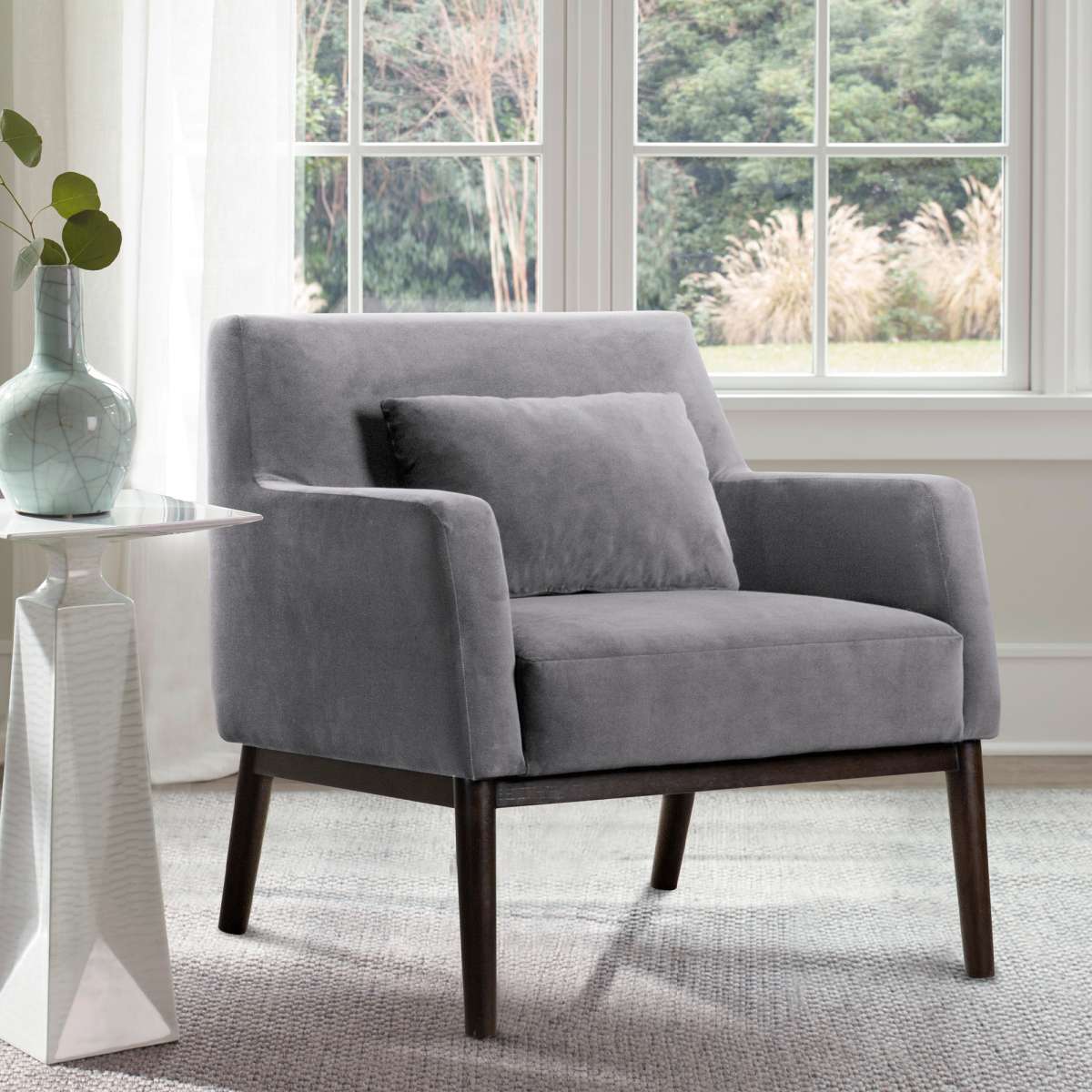 Oliver Blue Velvet Modern Accent Chair with Wood Legs By Armen Living - Image 7