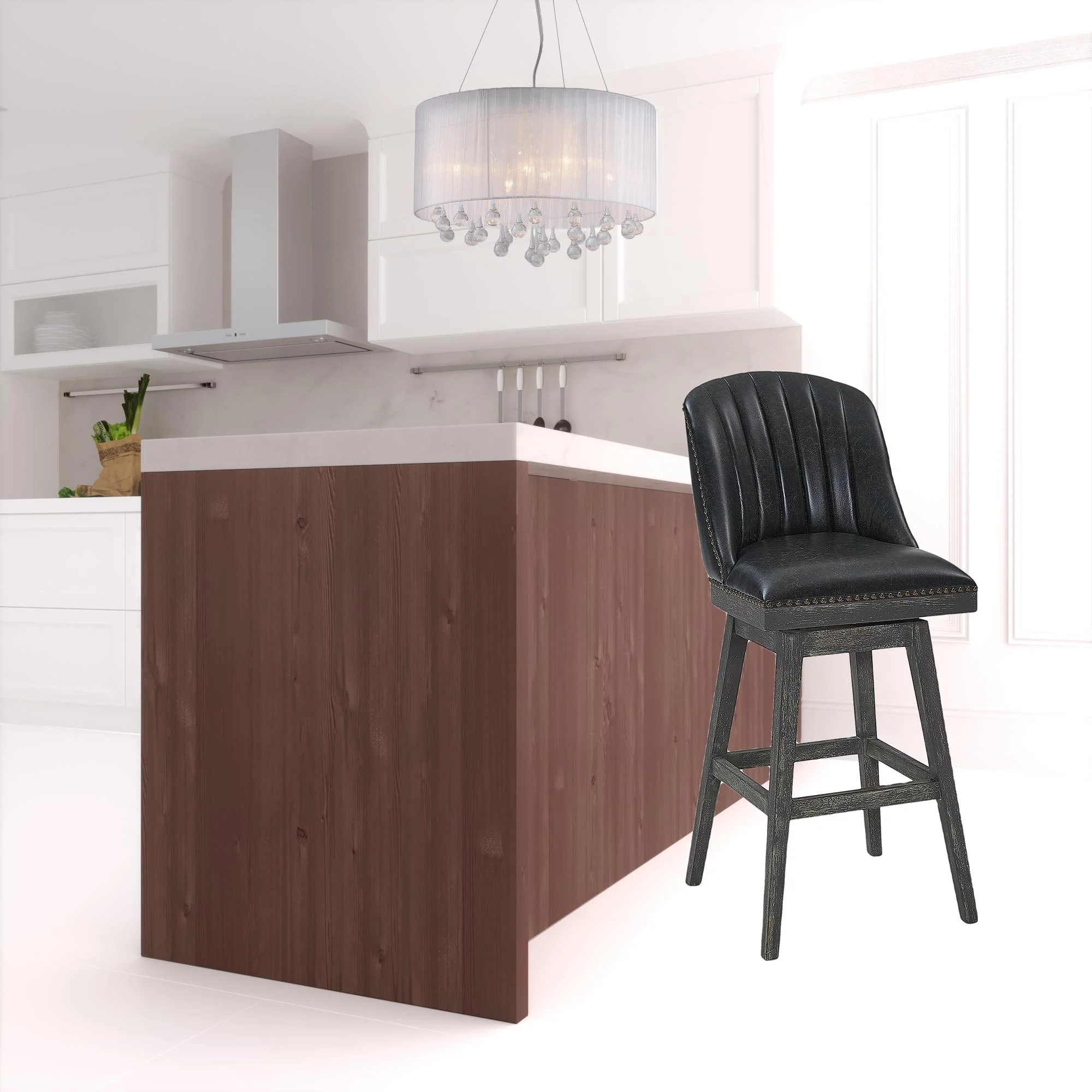Onyx And Gray Faux Leather And Solid Wood Swivel Bar Height Bar Chair By Homeroots - Image 2