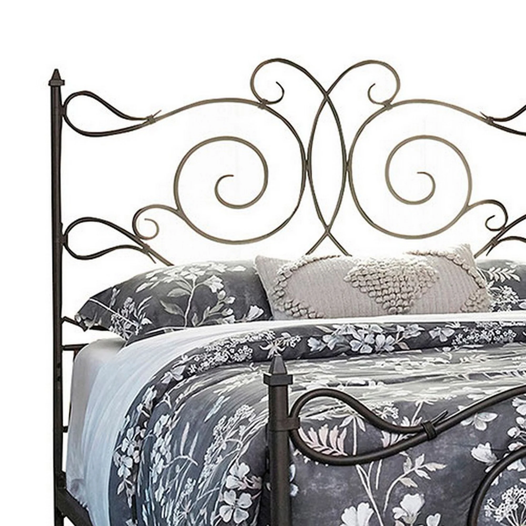 Open Frame Scroll Design Metal Queen Bed Dark Bronze By Benzara - Image 3