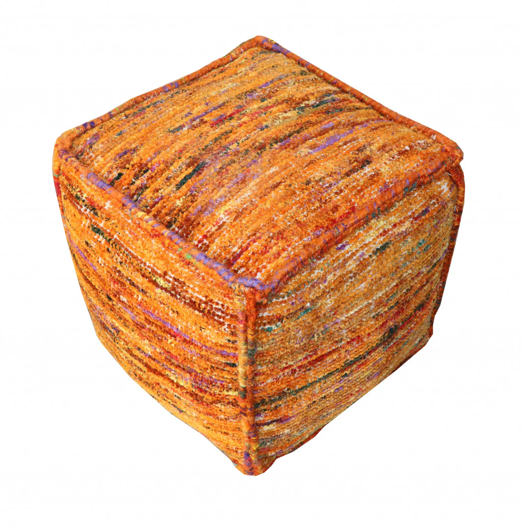 Orange Recycled Silk and Cotton Blend Cube Pouf Ottoman By Homeroots - Image 2