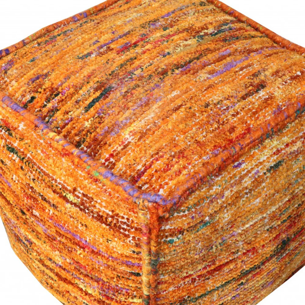 Orange Recycled Silk and Cotton Blend Cube Pouf Ottoman By Homeroots - Image 3