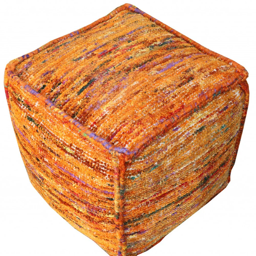 Orange Recycled Silk and Cotton Blend Cube Pouf Ottoman By Homeroots - Image 4