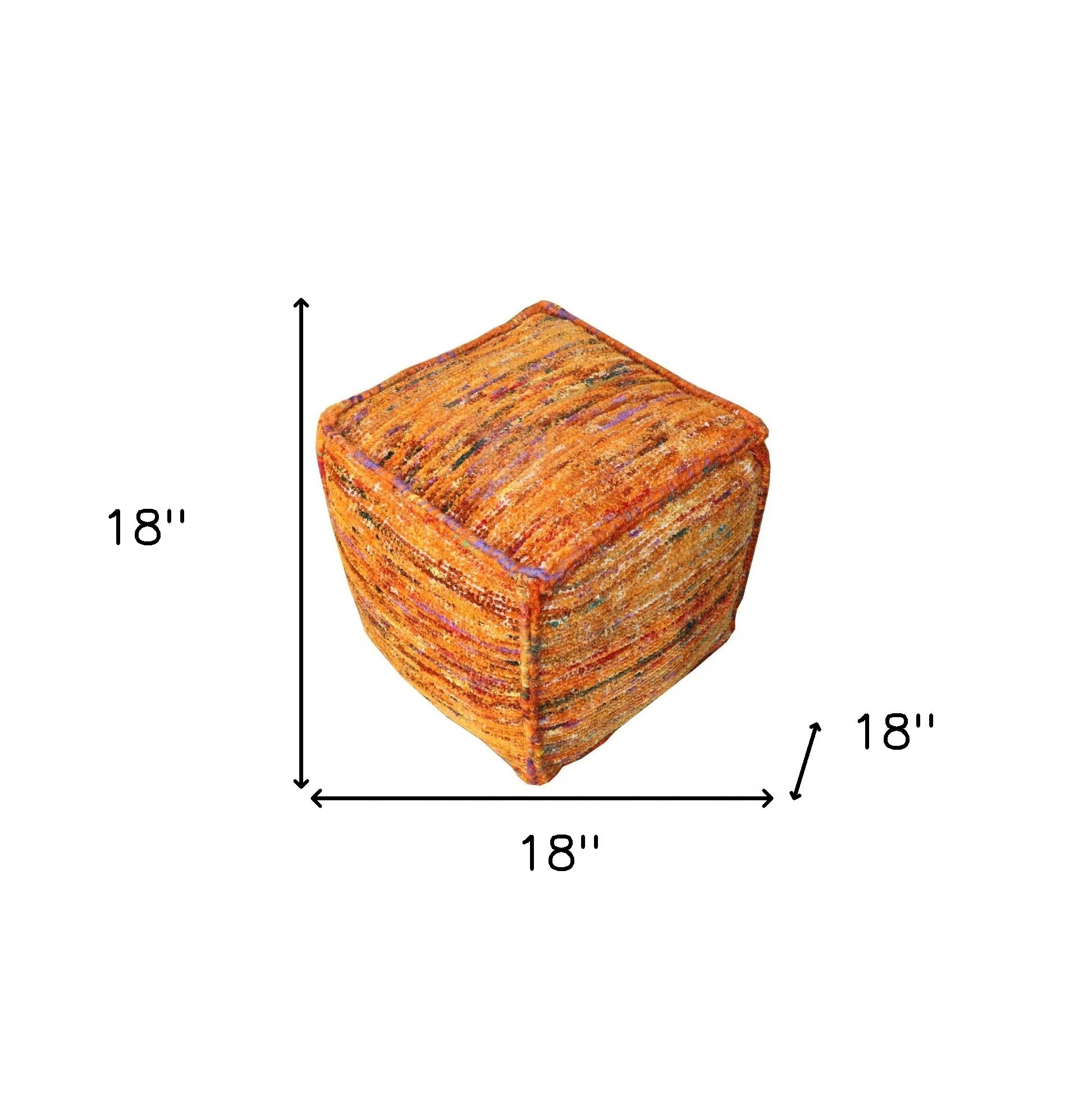 Orange Recycled Silk and Cotton Blend Cube Pouf Ottoman By Homeroots - Image 5
