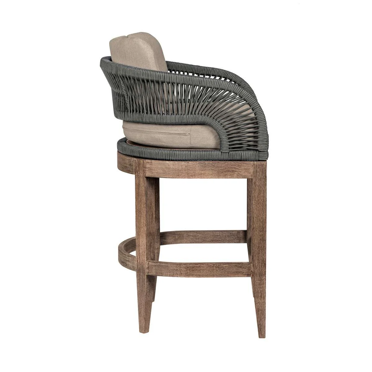 Orbit Outdoor Patio 30" Bar Stool in Weathered Eucalyptus Wood with Gray Rope and Taupe Olefin Cushions By Armen Living - Image 3