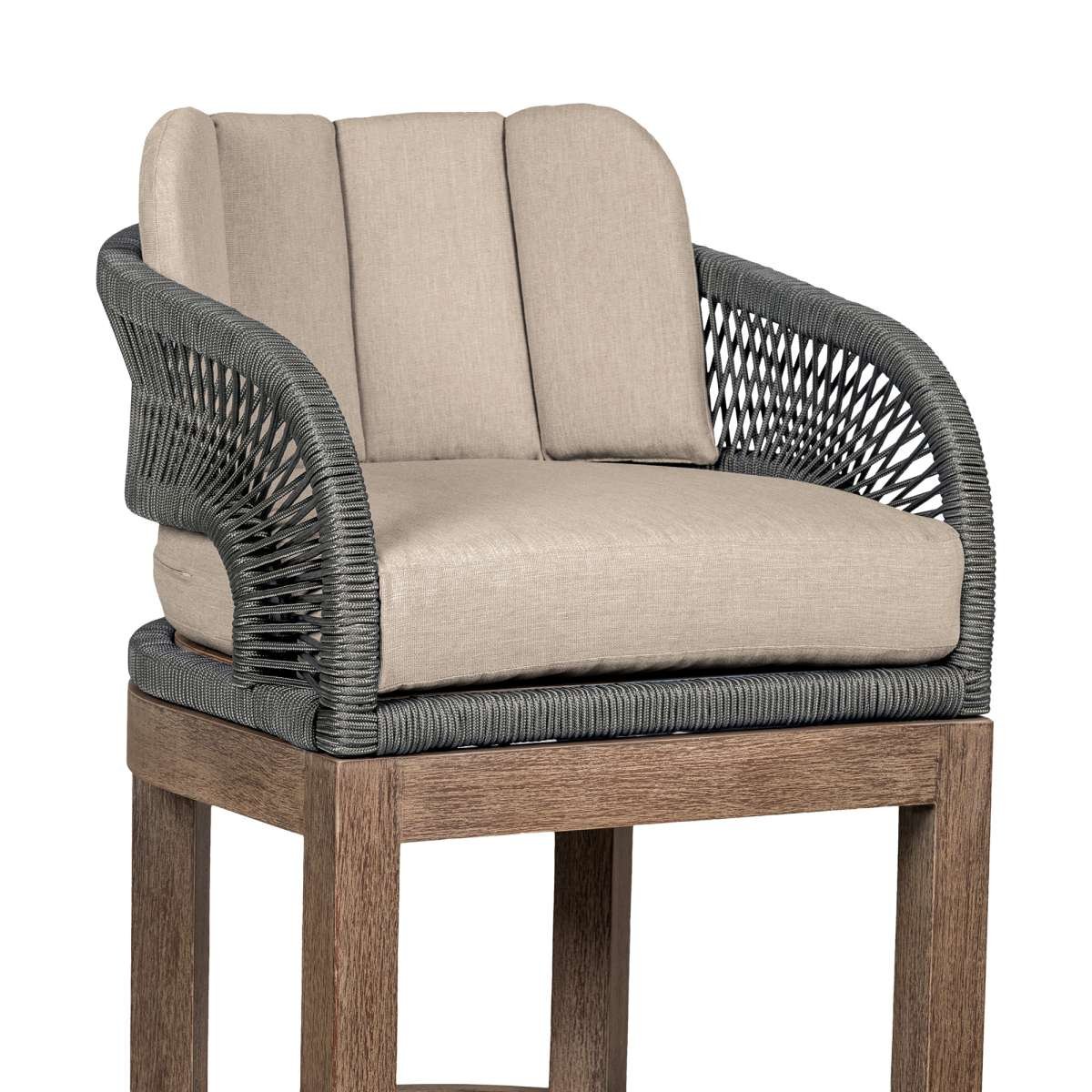 Orbit Outdoor Patio 30" Bar Stool in Weathered Eucalyptus Wood with Gray Rope and Taupe Olefin Cushions By Armen Living - Image 5